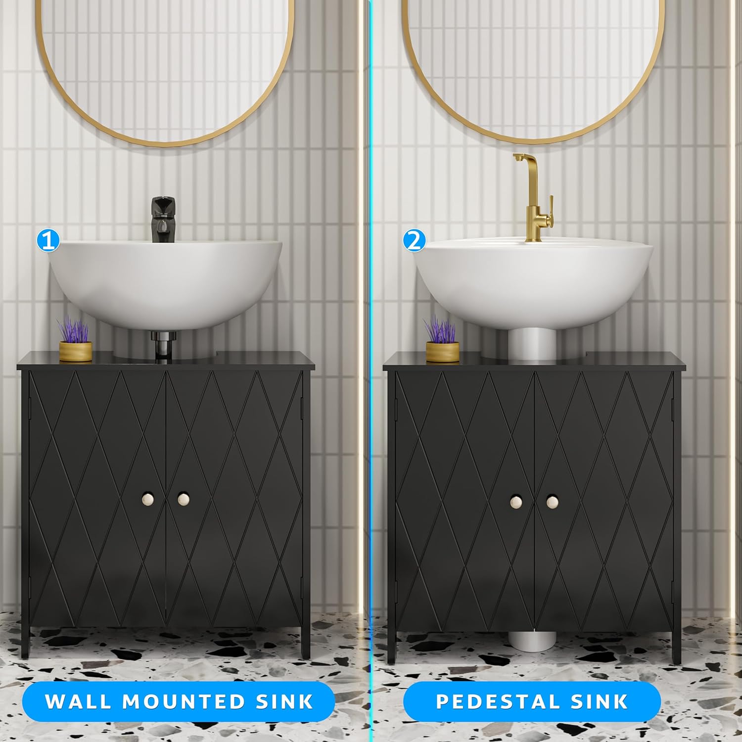 eclife Bathroom Pedestal Sink Storage Cabinet with Modern Linear Design, Small Under Sink Bathroom Vanity with U-Shape Cut-Out, Space Saver, Black