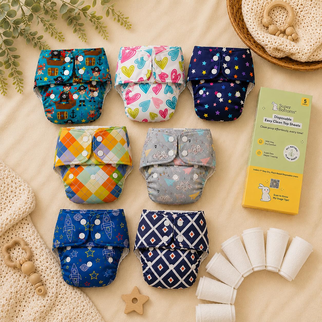 SuperBottoms BASIC Cloth Diaper Pack of 7 with 7 UltraThin Dry Pads & Disposable Liner Pack of 5 | Reusable & Washable | Adjustable Fit for Babies 3m–3y-image-46