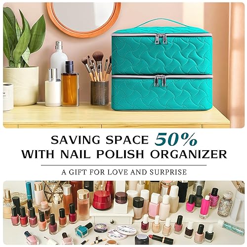 Miniatura 3 de DreamGenius Estuche organizador de esmalte de uñas con capacidad para 42 botellas, bolsa portátil de almacenamiento de esmalte de uñas de doble capa