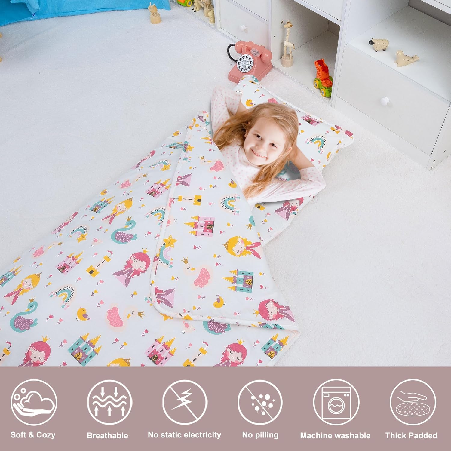 Toddler Nap Mat with Pillow and Blanket, 100% Cotton Fabric, Padded Sleeping mat, for Daycare Preschool Pre-k, Kids Boys Girls Extra Long (Princess Castle)