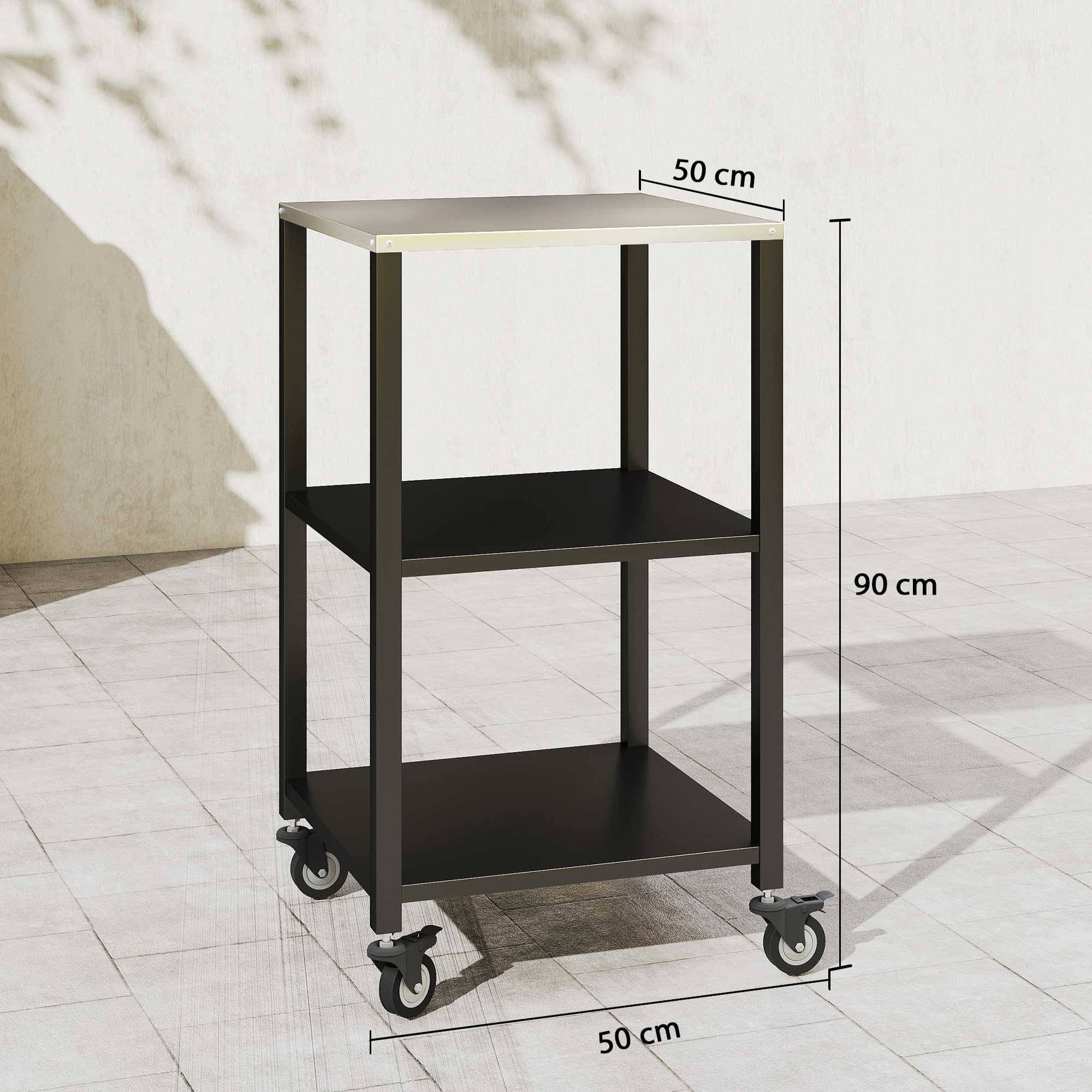 Outsunny Grillwagen 3-Etagen Grilltisch mit Edelstahl Arbeitsfläche Rollen mobiler Servierwagen Outdoor Beistelltisch Grill Trolley für BBQ 50 x 50 x 90 cm Schwarz