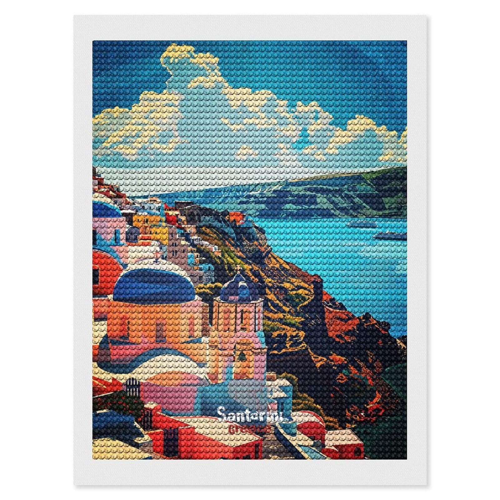 Junmoney Santorini Greece Vintage Travel Diamond Art Kit 12"x16", Modern Decor, for Adults, Printed Canvas, Holiday Gift Idea, Fun Craft Experience