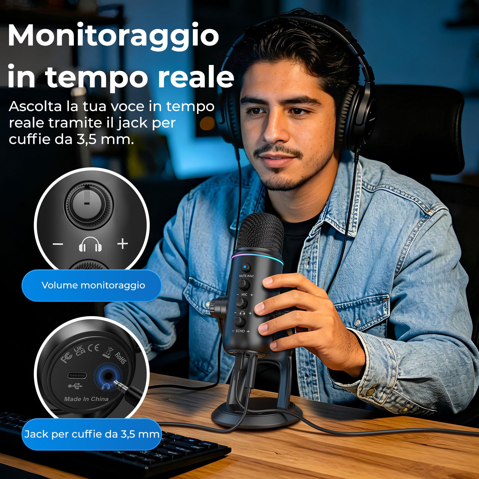 zealsound Microfono USB, microfono per podcast plug & play per PC e telefono, Z5 | con cancellazione del rumore, mute e guadagno, microfono a condensatore da tavolo per streaming, gaming e ASMR