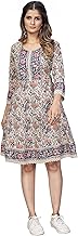 Vbuyz Women's Floral Print Flared Cotton Beige Stitched Dress