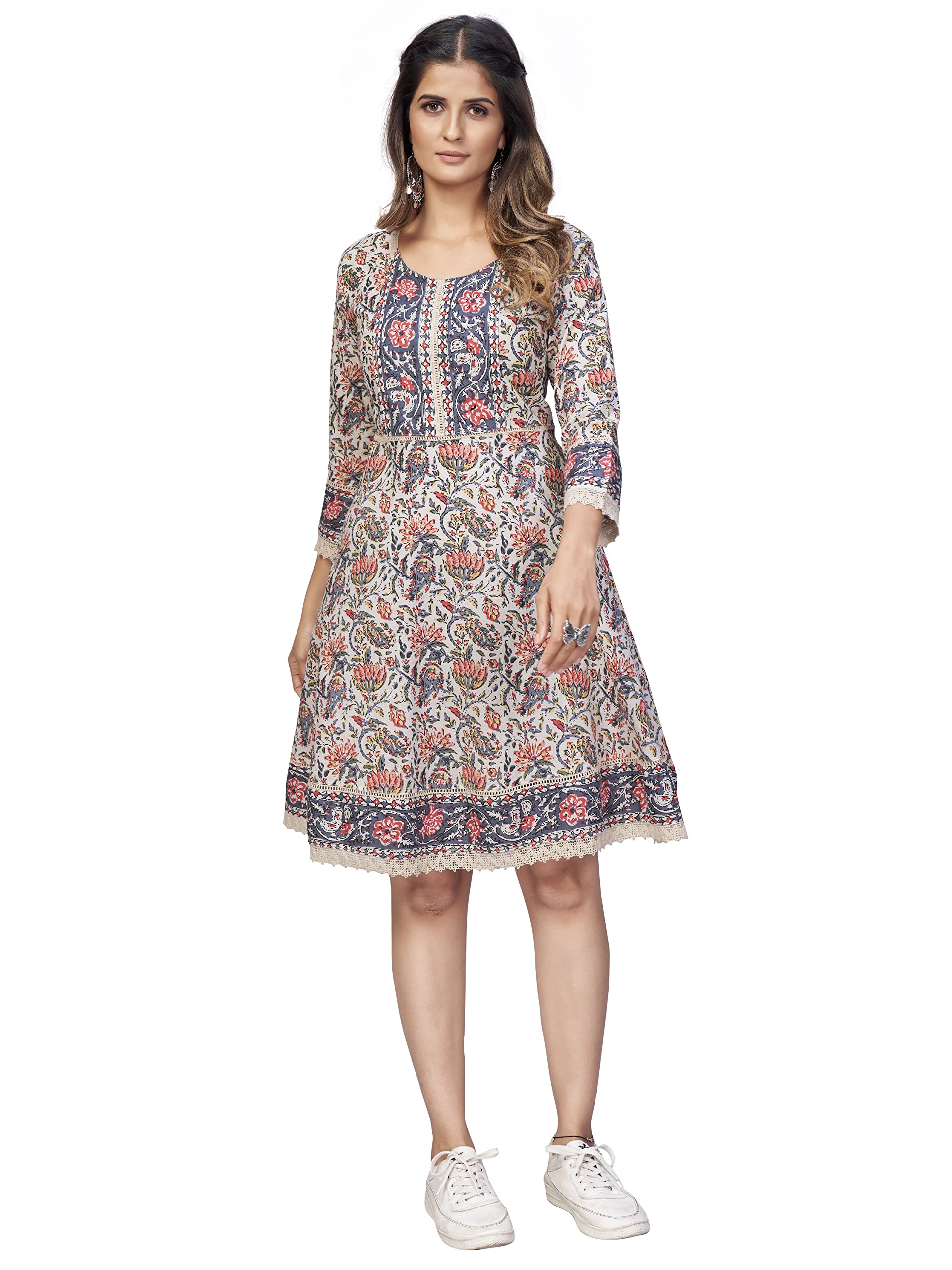 Pepe Jeans Women's Floral Print Flared Cotton Beige Stitched Dress in beige