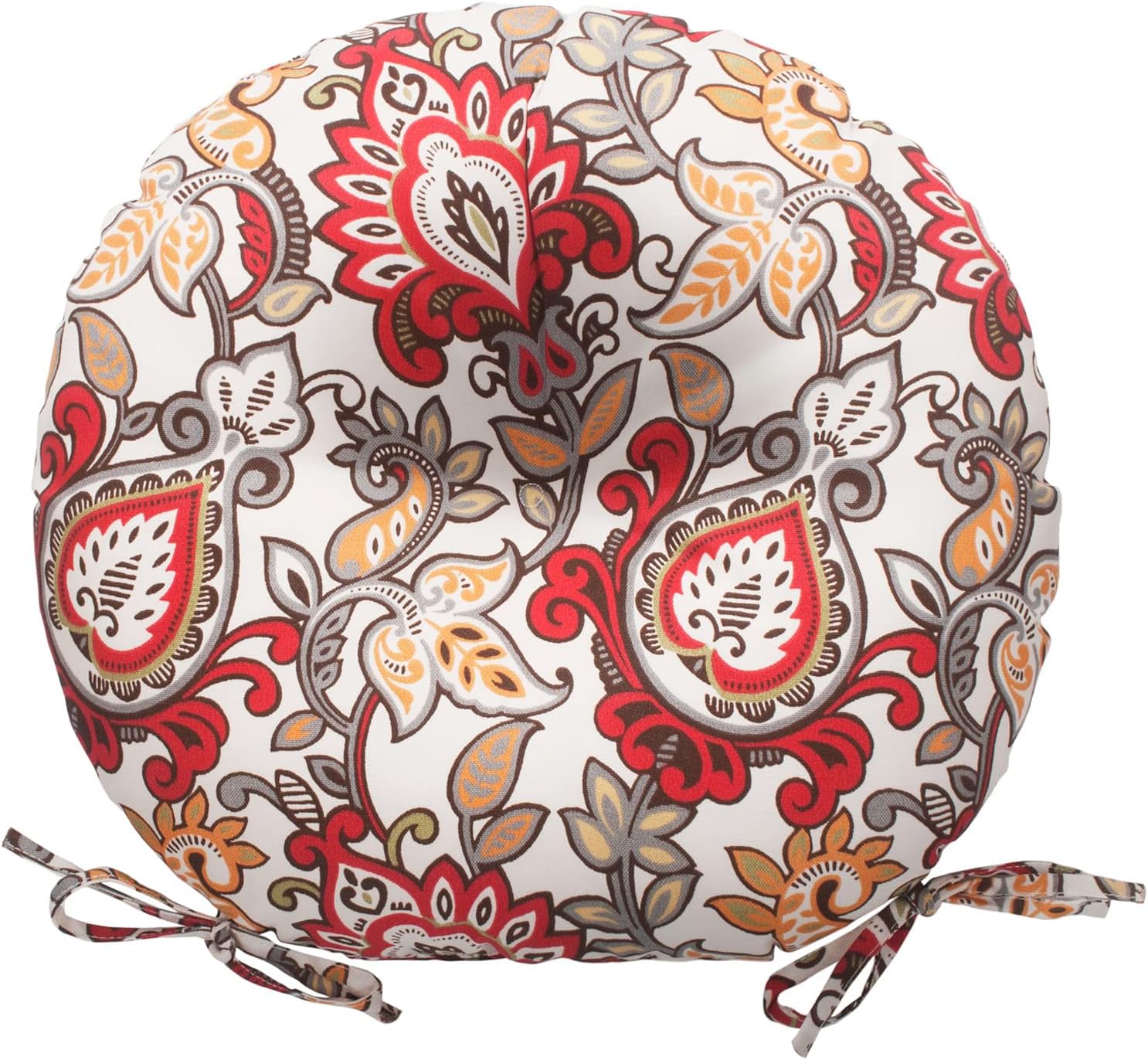 Magpie Fabrics Outdoor Round Bistro Seat Cushions with Ties, 15"x15"x4" Set of 2, Tufted Waterproof Barstool Chair Pads for Patio Home Garden Office, Floral Red Orange