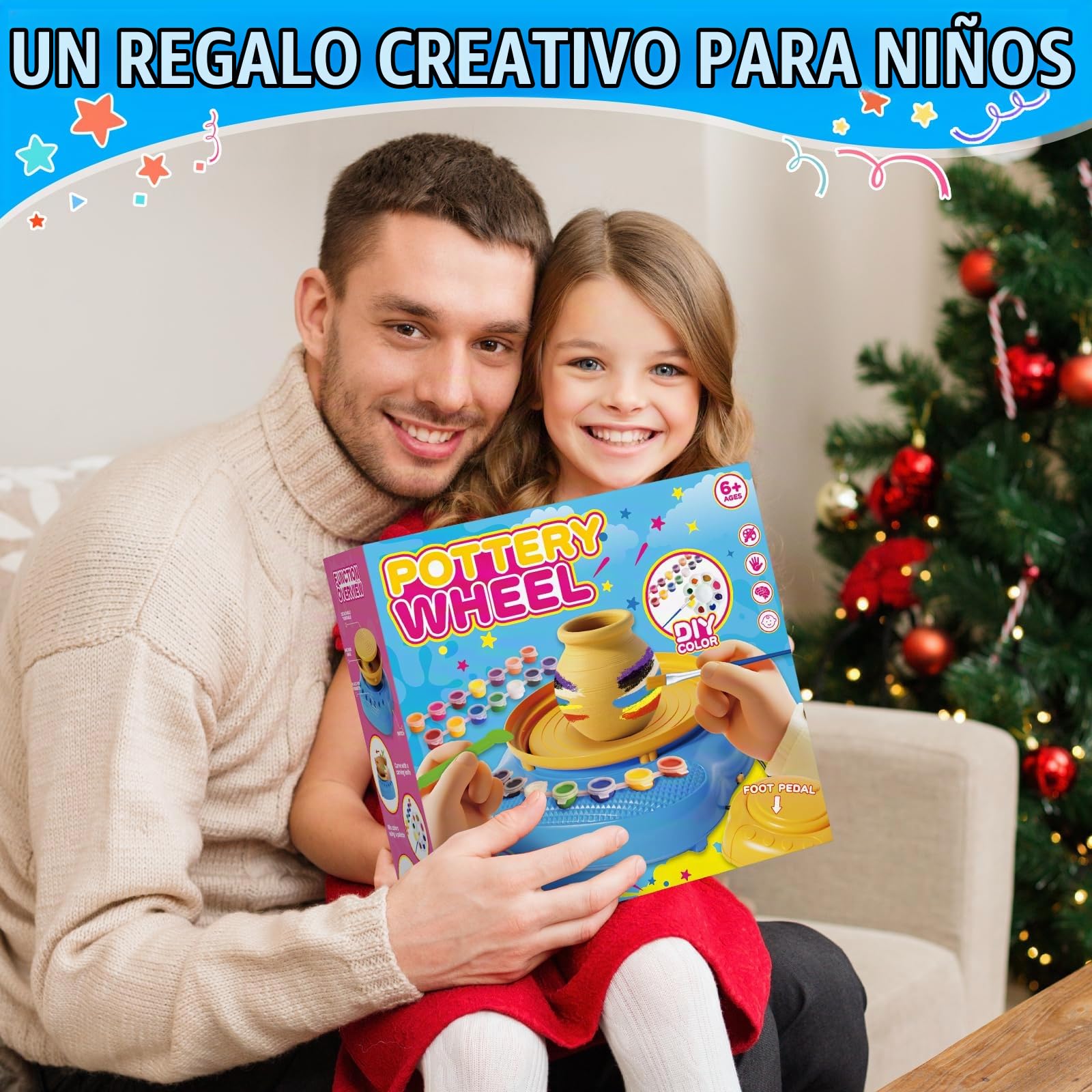 Torno de Cerámica Niños 6-12Años, Kit Alfarería con Arcilla | Set de manualidades DIY con 3 arcillas de secado al aire, 14 pinturas, pedal y USB – regalo para niña y niño, sin horno