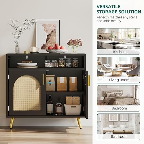 Miniatura 5 de DWVO Aparador de buffet, armario de almacenamiento con puertas de ratán natural y estantes ajustables para cocina, sala de estar y pasillo, color