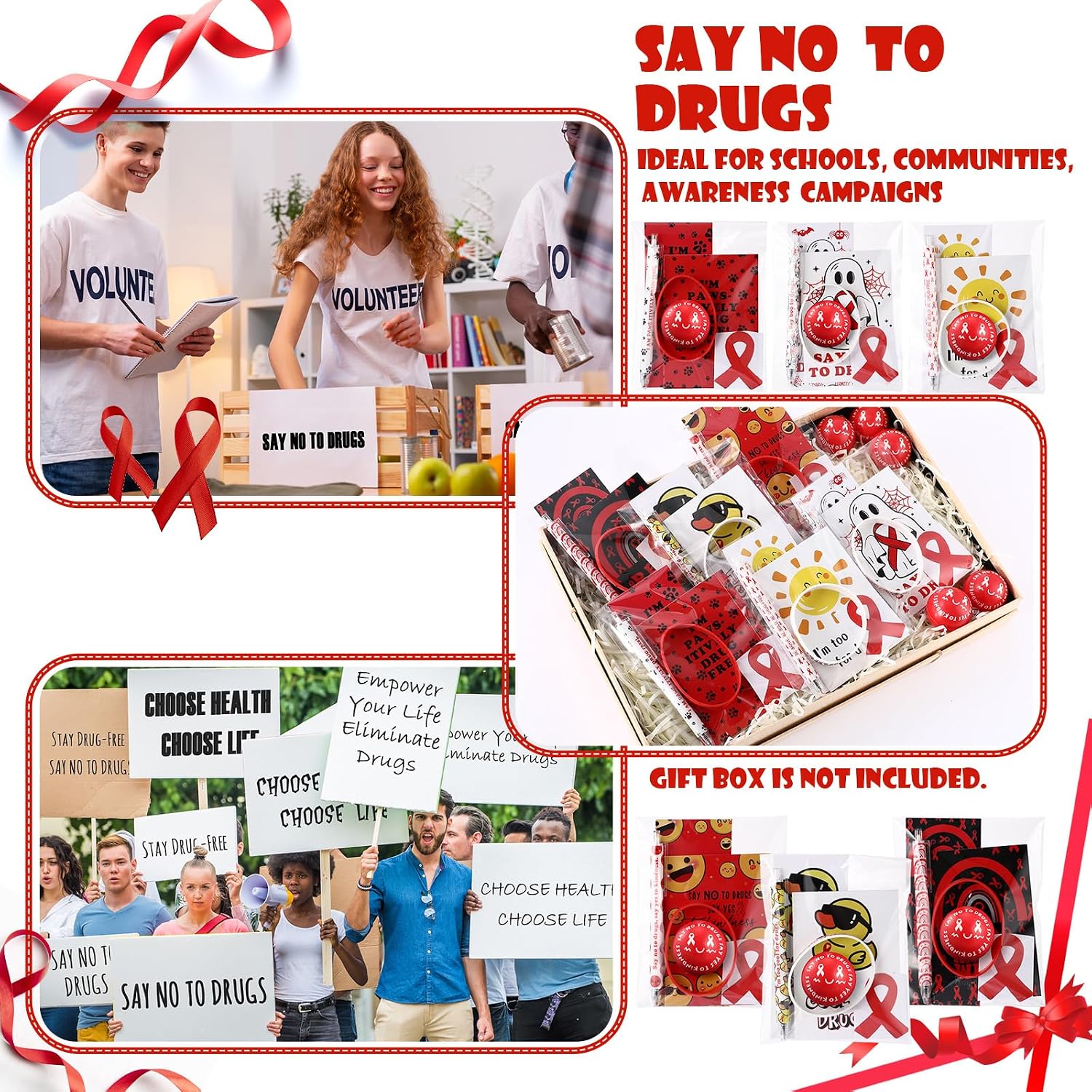 Epakh 604 Pcs/120 Sets Red Ribbon Week Awareness Favor Set Say No to Drugs Notepad Ballpoint Drug-Free Wristband Stress Ball Red Ribbon Sticker Prevention Favor for Survivor Student Family Friend