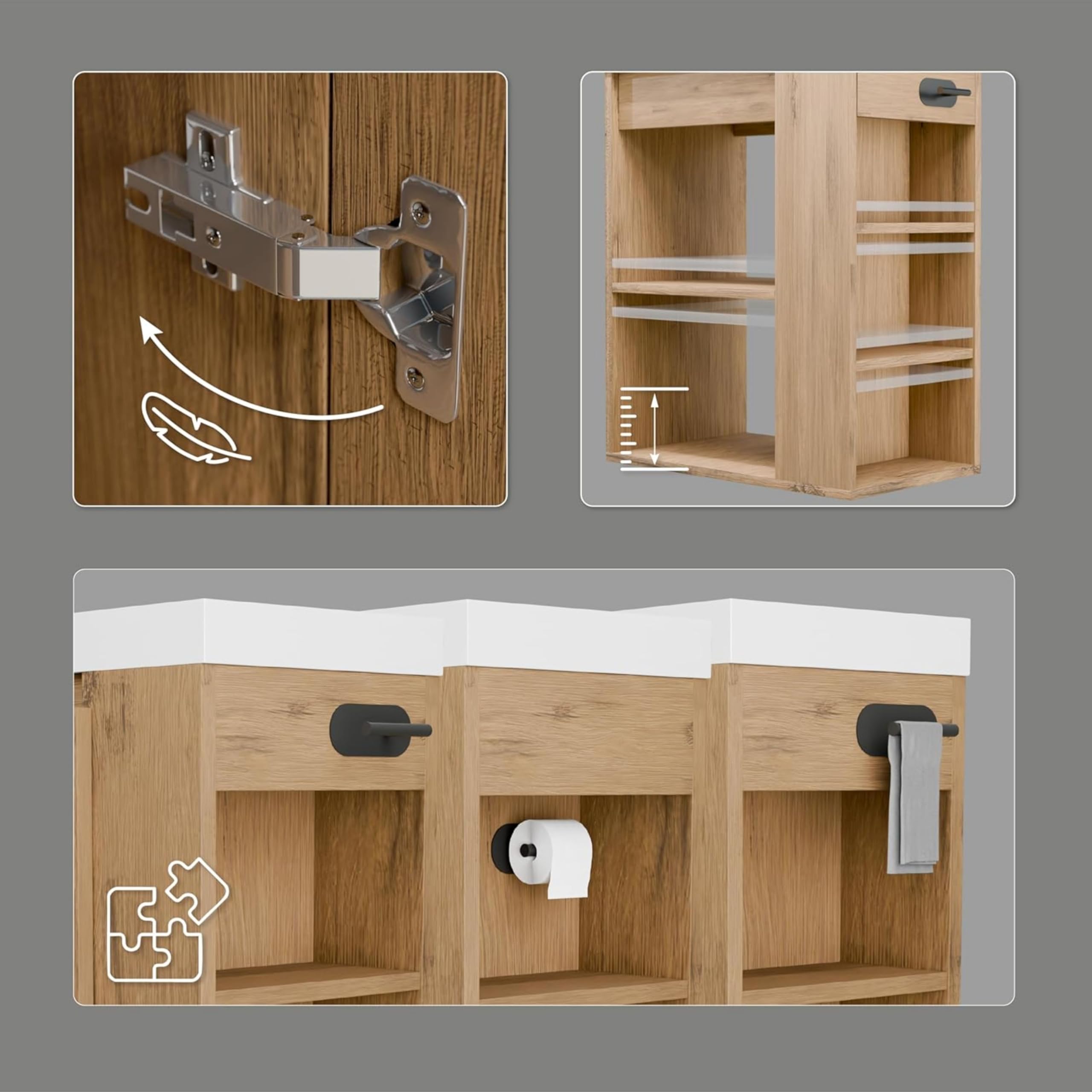 Mobile base con lavabo SEVA, 57 cm di larghezza, Set di mobili da bagno per bagno e WC ospiti, Lavabo in piedi o sospeso, Mobiletto con portarotolo - Rovere Lancillotto