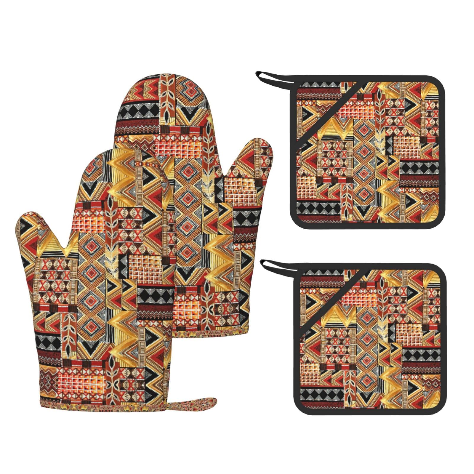 African Textile Patchwork Printed Oven Gloves and Hot Pads Set of 4, High Heat Resistant Silicone Mitts for Cooking BBQ