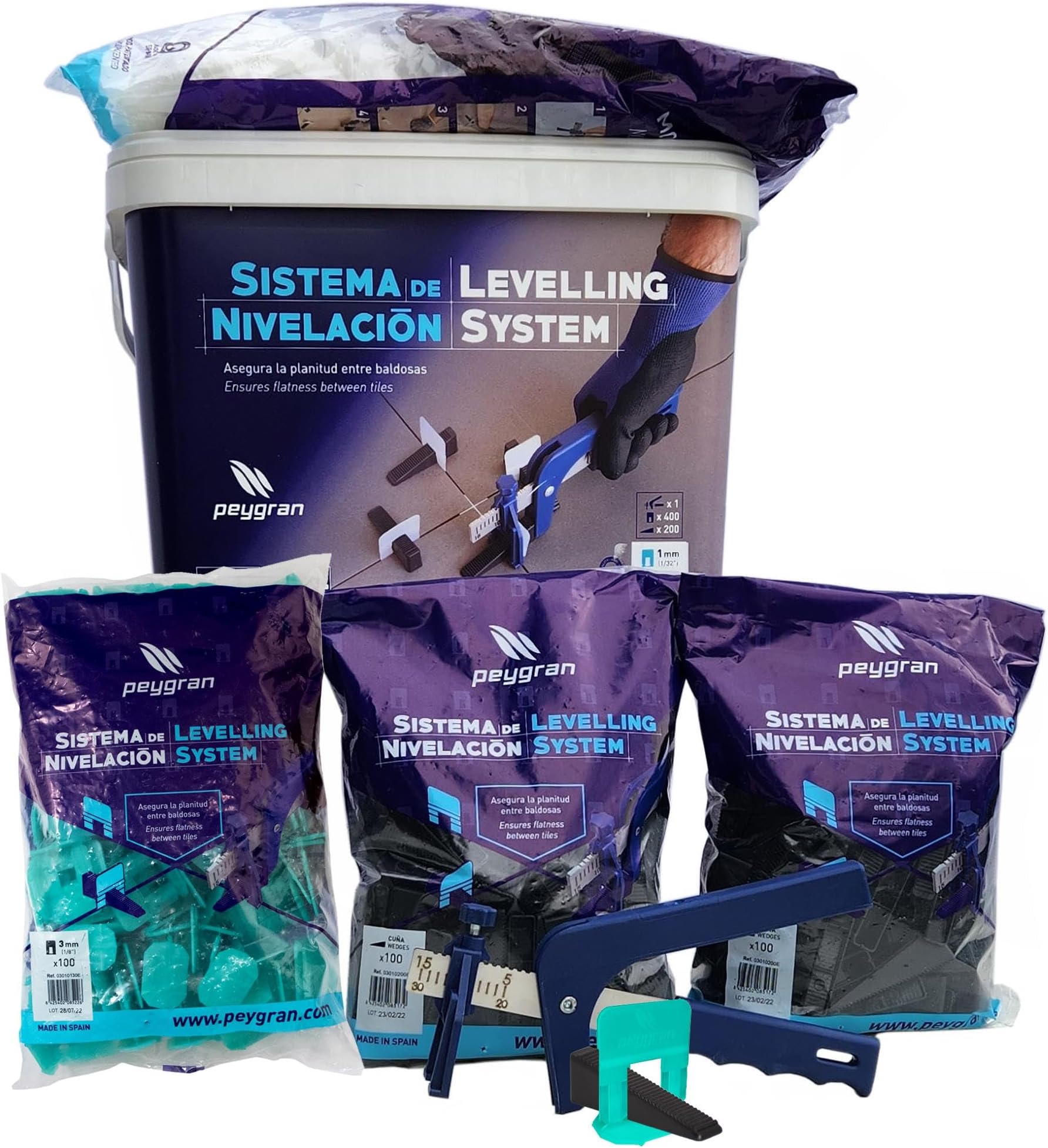 Peygran Tile Leveling System Super KITIncludes Pliers/Tool, 400 Clips, 200 Wedges and Handy, Durable Bucket. (1/16" (2mm))