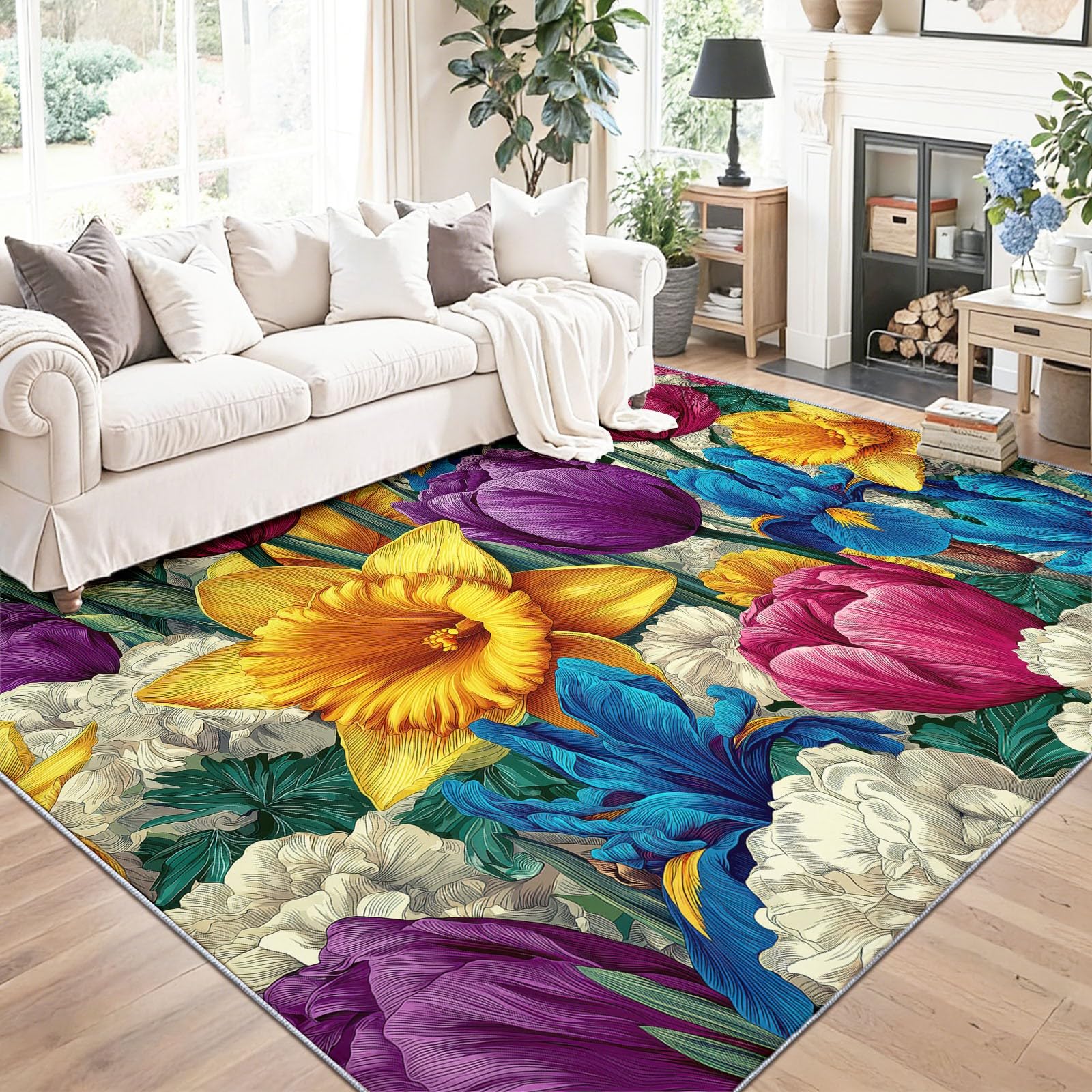 Dywan do salonu 80 x 150 cm, fabryczny dywan z krótkim włosiem, zmywalny i antypoślizgowy, odporny na plamy do salonu, sypialni, biura, żółte tulipany Irys