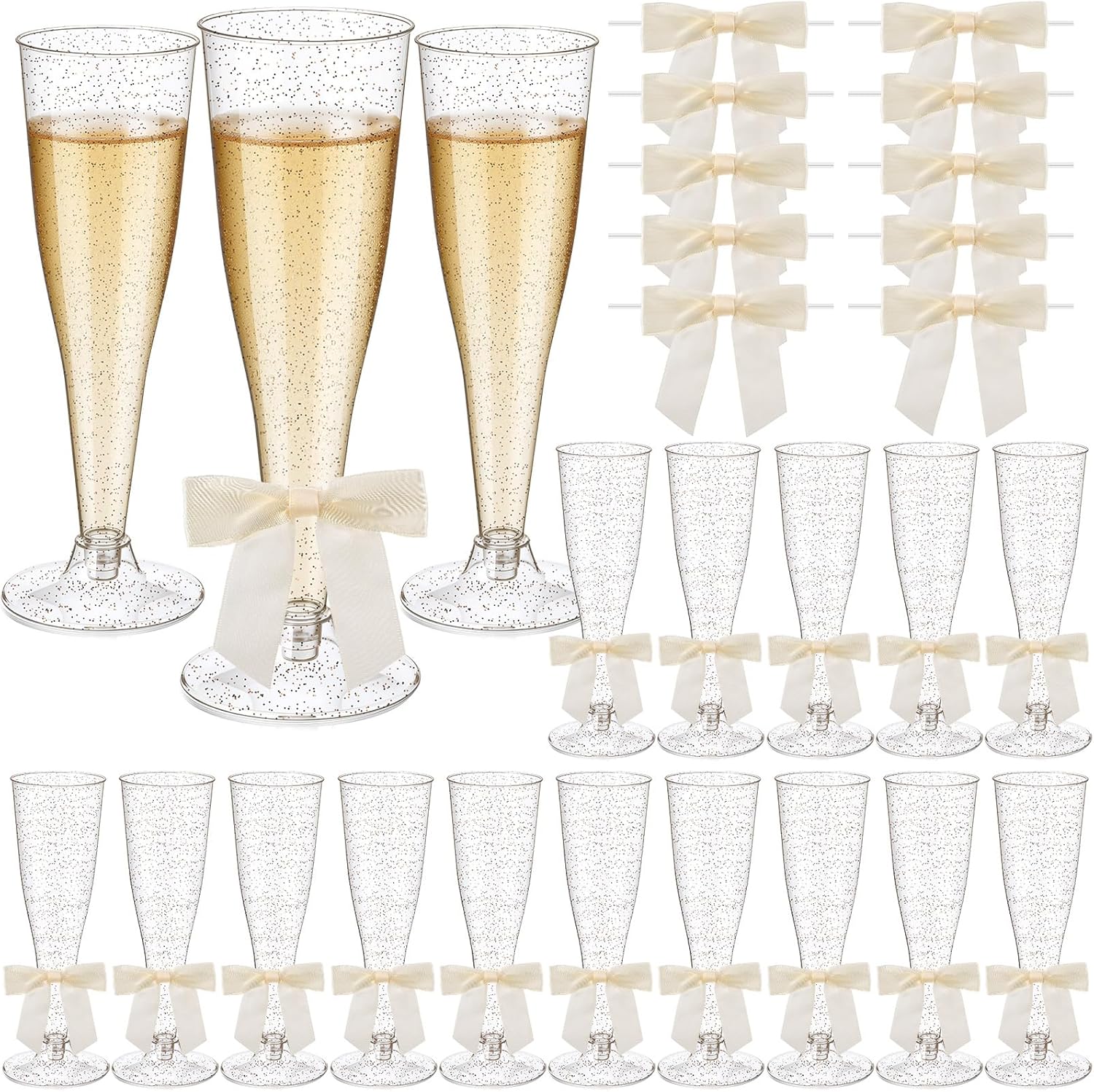 Zopeal 100 Pcs Plastic Champagne Flute Glasses and Bow Set 4.5 oz Gold Glitter Wedding Toasting Goblet 50 Pcs 3.5" Bow Reusable Unbreakable Stemware for Valentine Birthday Party(Gold Glitter,Beige)
