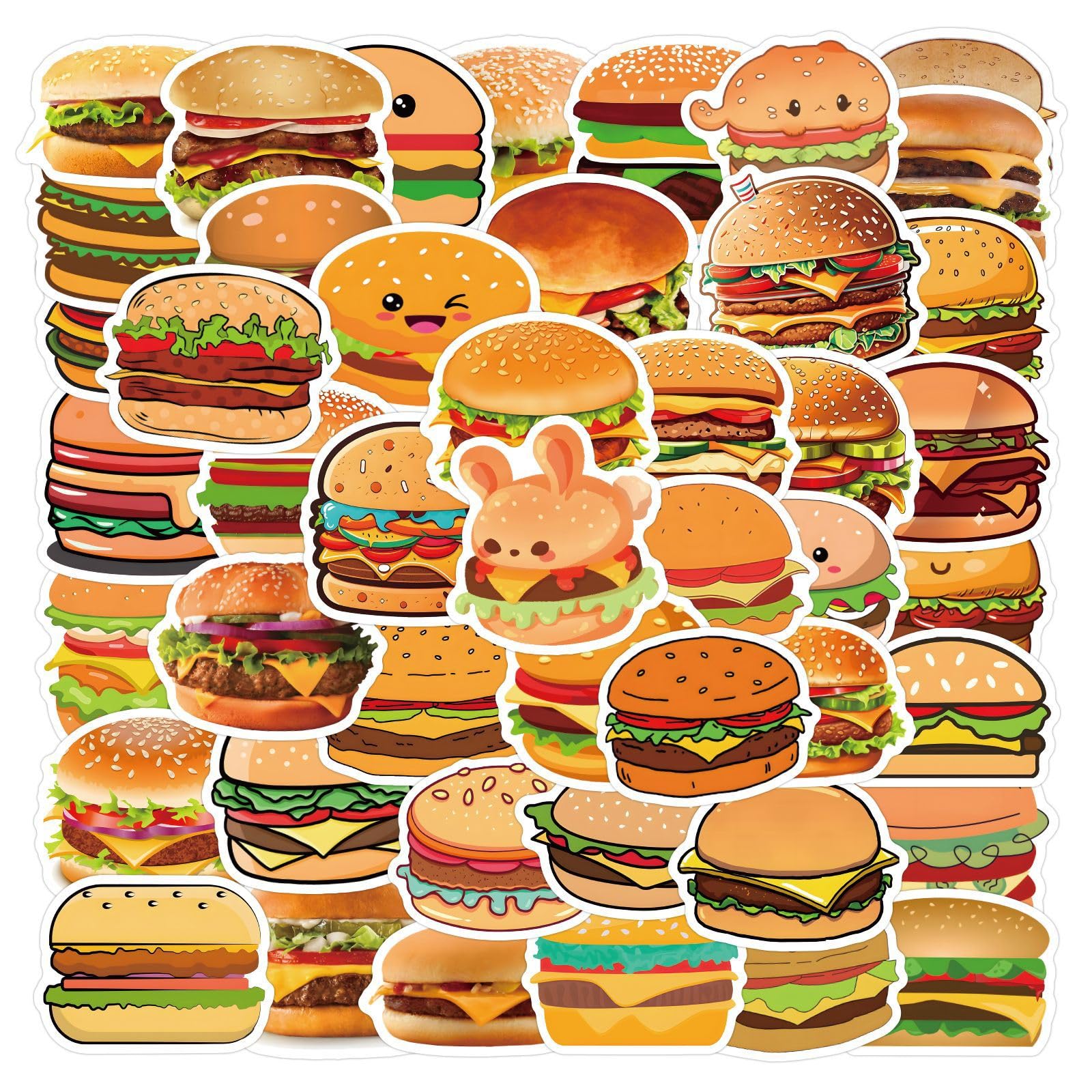 55pcs Cute Hamburger Stickers Fast Food Stickers Cute Aesthetic Vinyl Stickers for Water Bottle Laptop Scrapbook Phone Laptop Notebook Luggage
