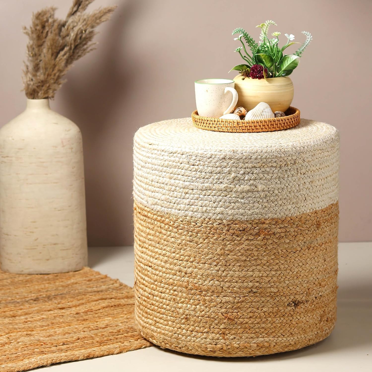 NR Home Stores Beige Round Jute Pouff Ottoman | Pouffes for Sitting | Footrest Ottoman stools for Living Room | Pouf for Home Decor (40 * 40 * 40 CM)-image-1