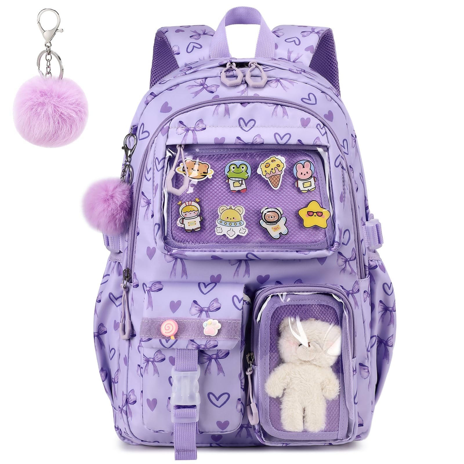 Purple Love Bow Ita Backpack for Teen Girls Kawaii Aesthetic School Bookbag with Furry Decoration and Pin Display Insert,Casual Cute Daypack, Pins Not Included