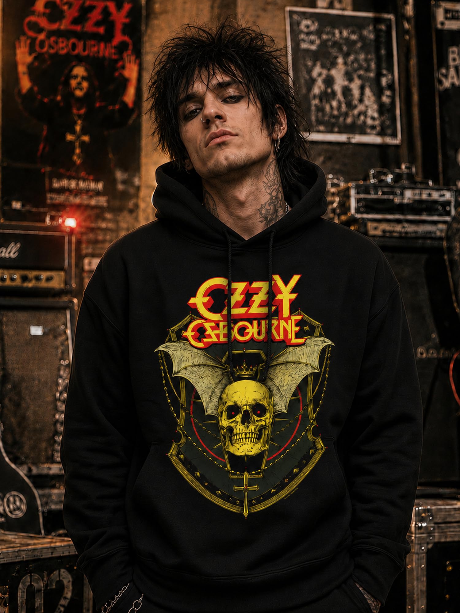 Ozzy Osbourne Kapuzenpullover Bat Skull Offizieller Rock Herren Hoodie | Baumwoll-Sweatshirt mit Seitentaschen, offizielle Lizenz, Regular Fit, Heavy Metal Hard Rock Sweatshirt