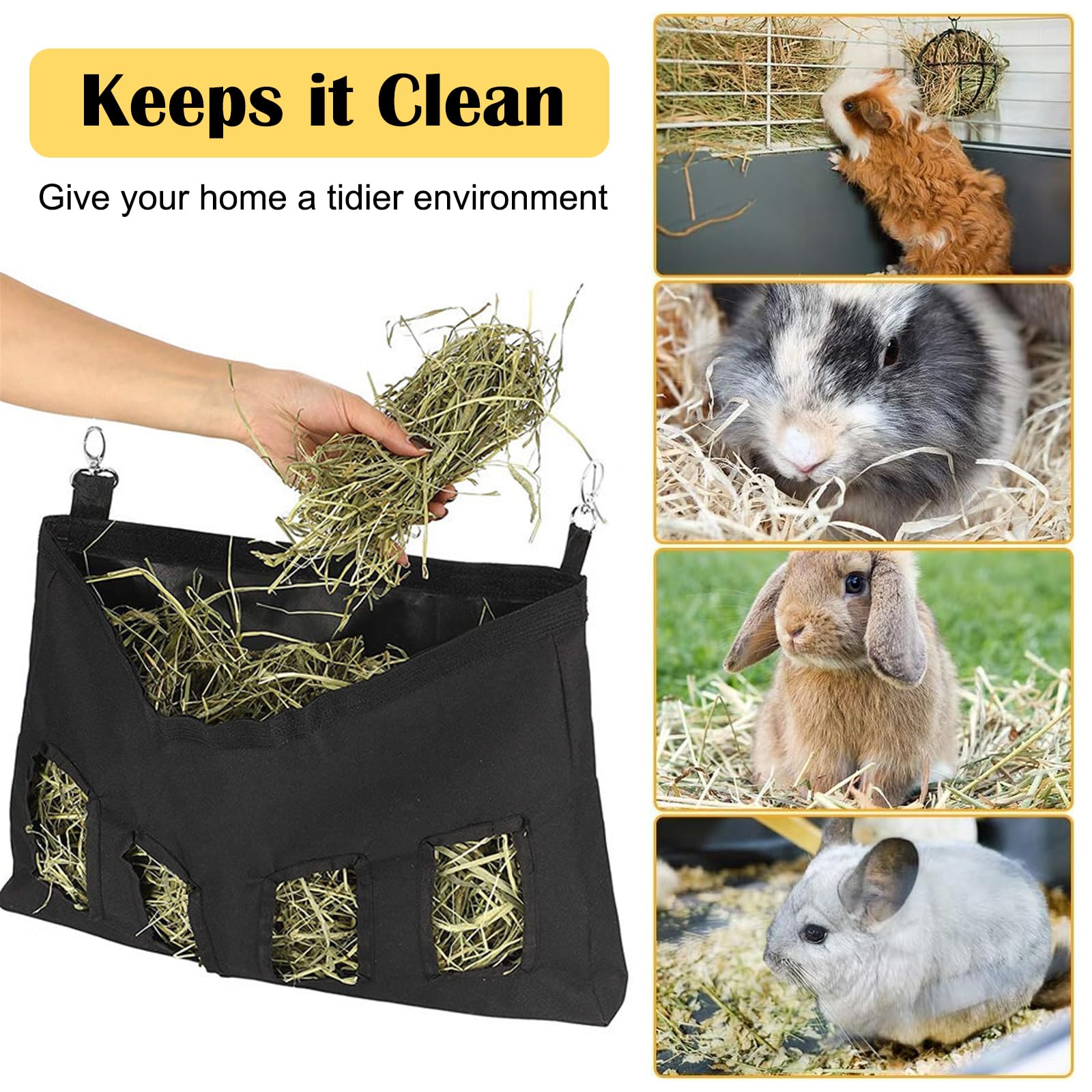 Rabbit Hanging Hay Feeder Bag, Guinea Pigs Hanging Hay Feeder Storage, Black Hanging Feeding Hay for Small Animal Bunny Chinchilla Hamster - Image 4