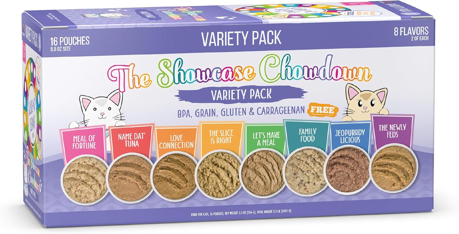 Weruva Wet Cat Food, The Showcase Chowdown Variety Pack, 5.5oz Slide N Serve Pouch, Pack of 16