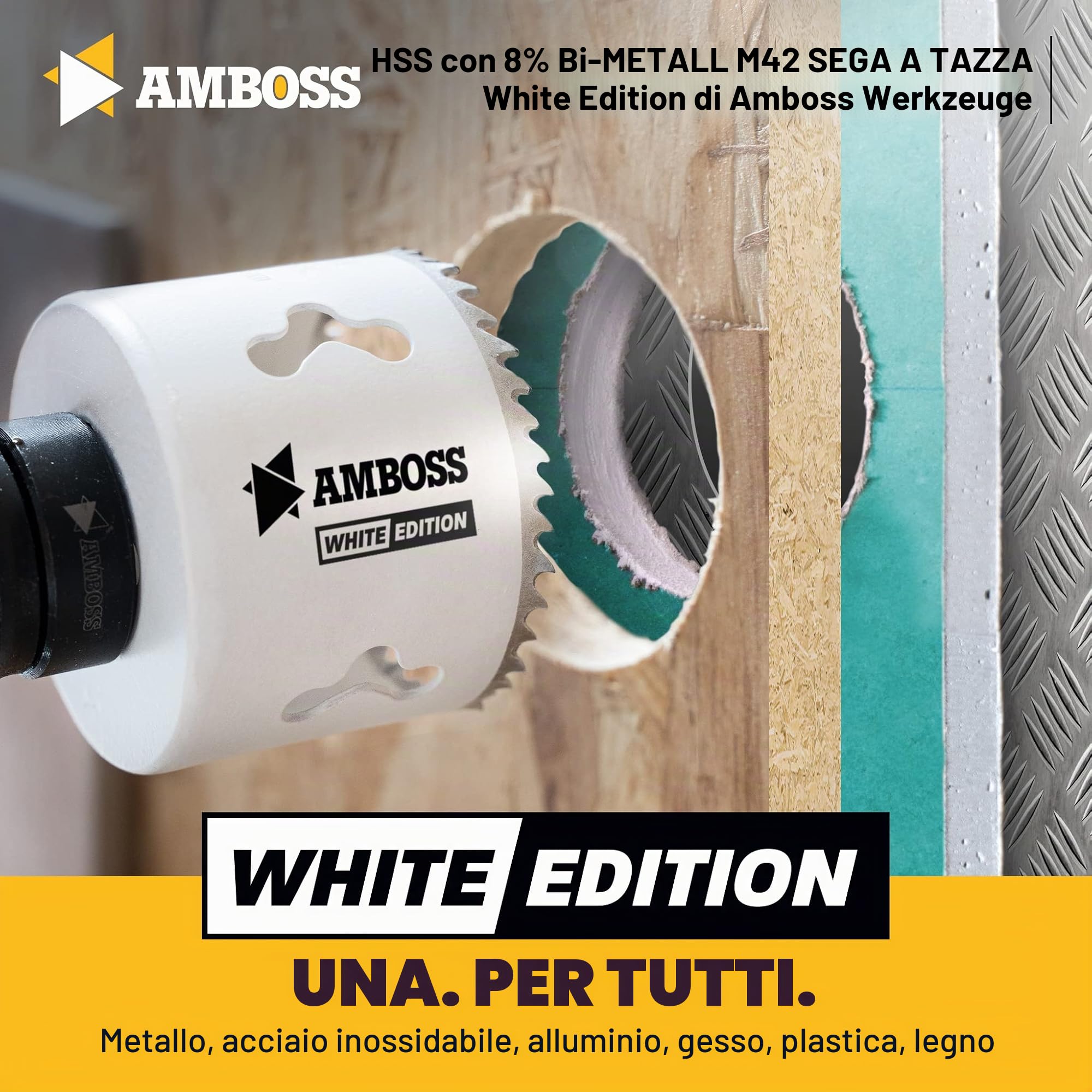 Amboss M 42 - Set di seghe a tazza bimetalliche, Ø 19-83 mm (17 pezzi), per alluminio, acciaio, cartongesso, legno, ecc. White Edition 17 Universal Power Set