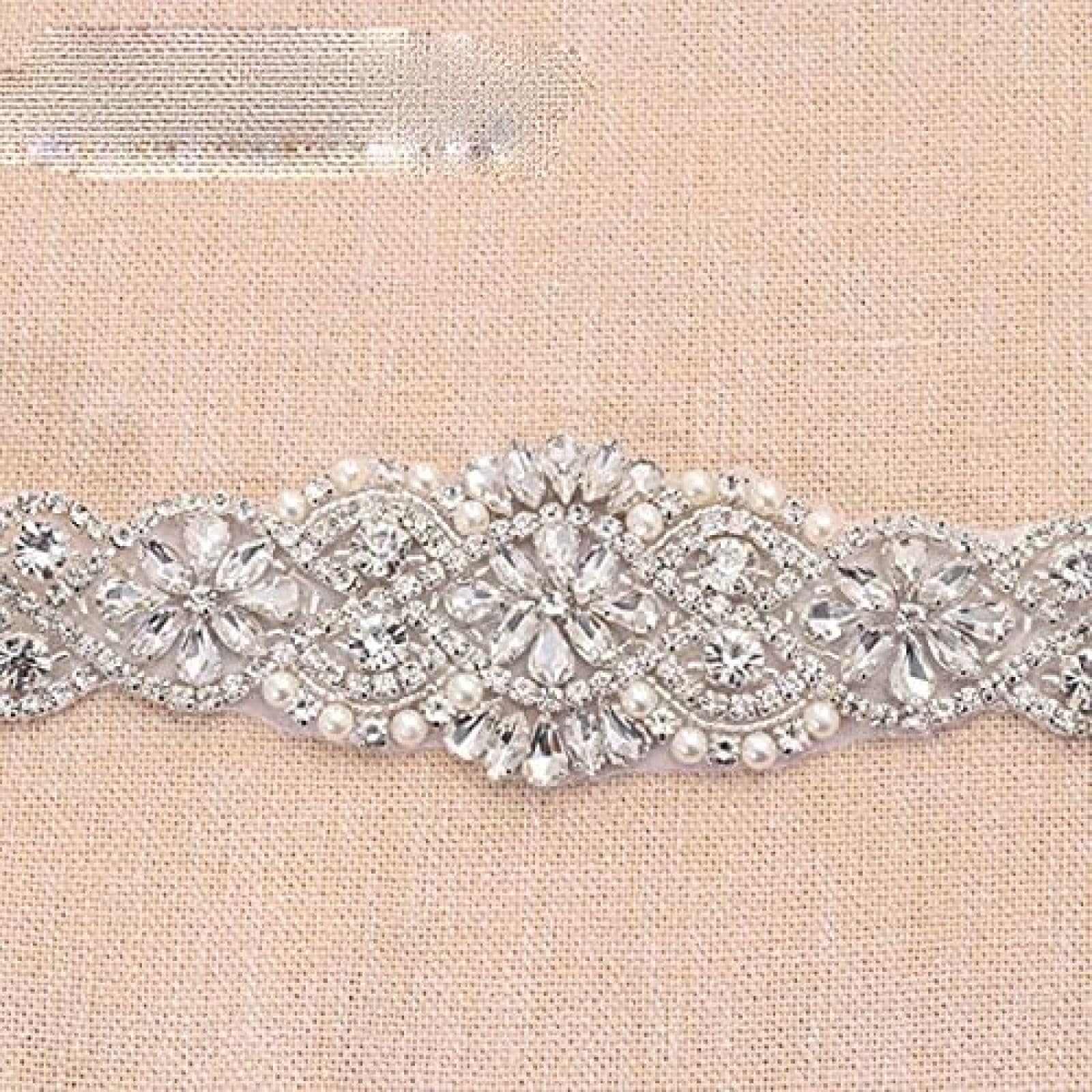 35,5 Zoll Langer Hochzeitsgürtel Silber Strass Braut Schärpe Perlen Brautkleid Gürtel für Hochzeitsaccessoires -,Weißer Organza
