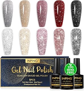 INPING Semi-Permanent Varnish Reflective Sequins, TPO-Free HEMA-Free, 5 Colors Jaun Rose Red Black Gel UV Semi Permanent, Soak Off UV/LED Nail Polish for Beginners Nail Art, 10ml