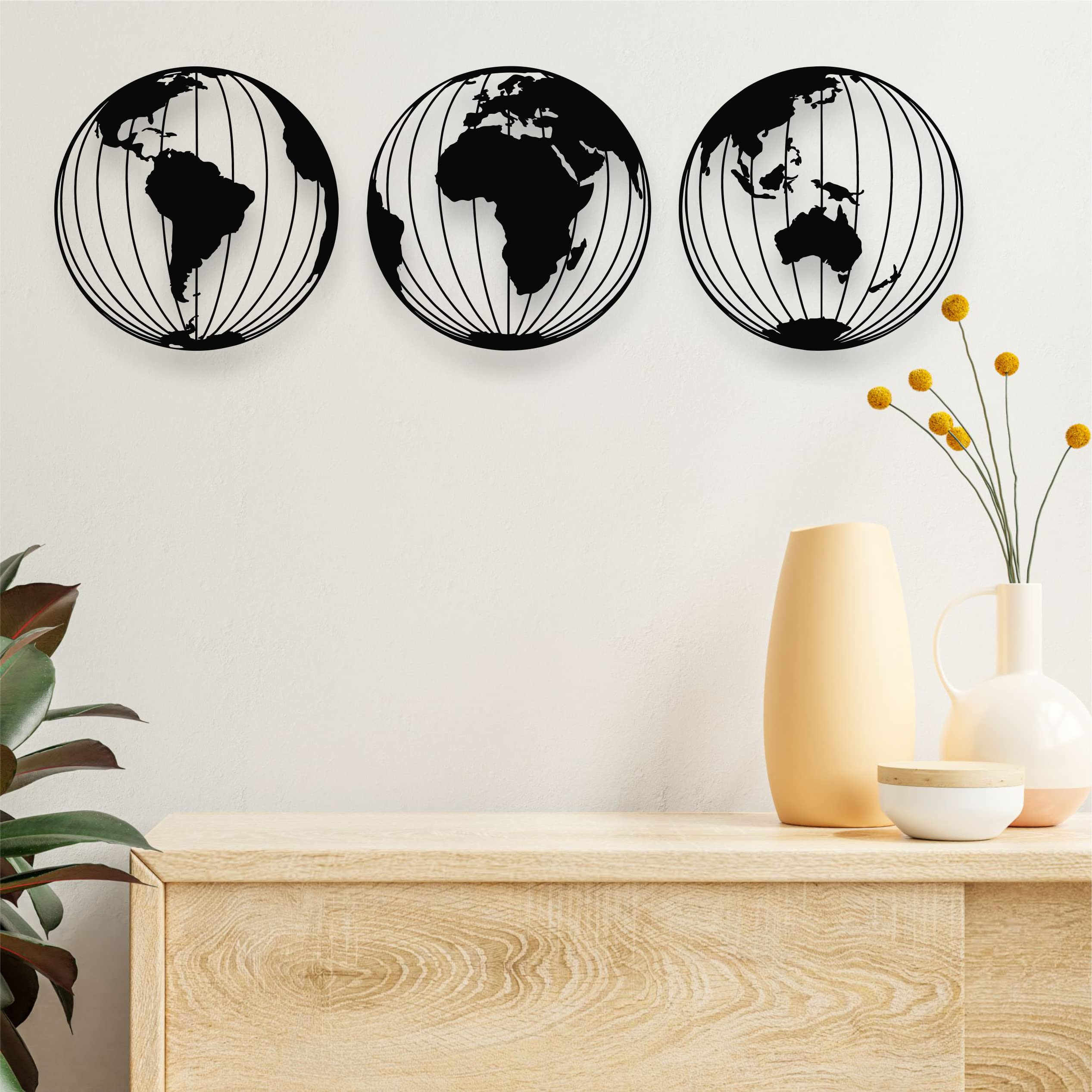 Buy 3 Metal World Map Globes, Round Metal World Map Wall Art, Metal