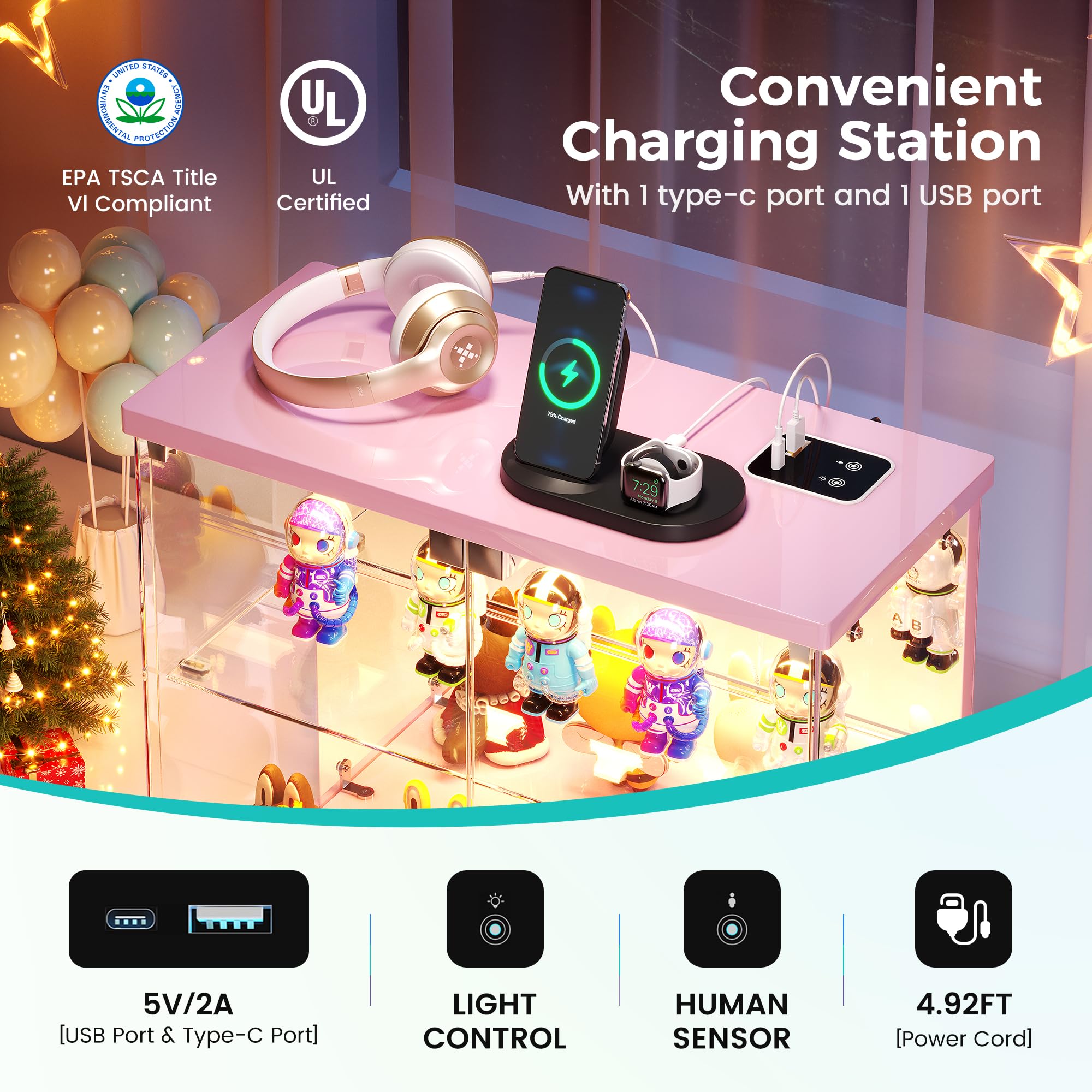 FREDEES Vitrina de cristal transparente con luz LED, compacta de 2 niveles con estación de carga y sensor de movimiento, para figuras de acción, coleccionables, modelos de coche y color rosa perfume