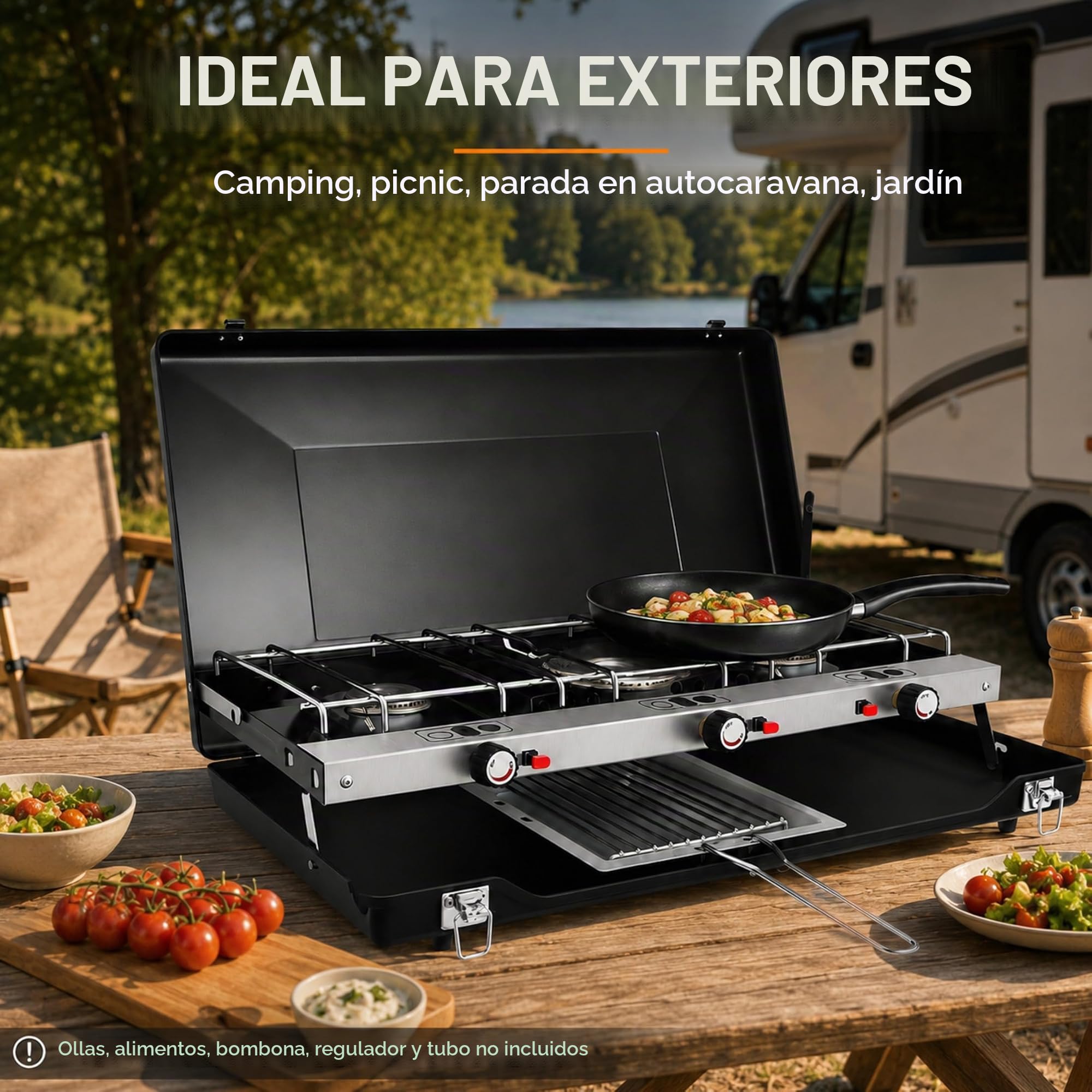 Hornillo de camping de 3 fuegos, 4,5 kW, plegable, portátil, con encendido piezoeléctrico, protección contra el viento, sin montaje para camping, picnic