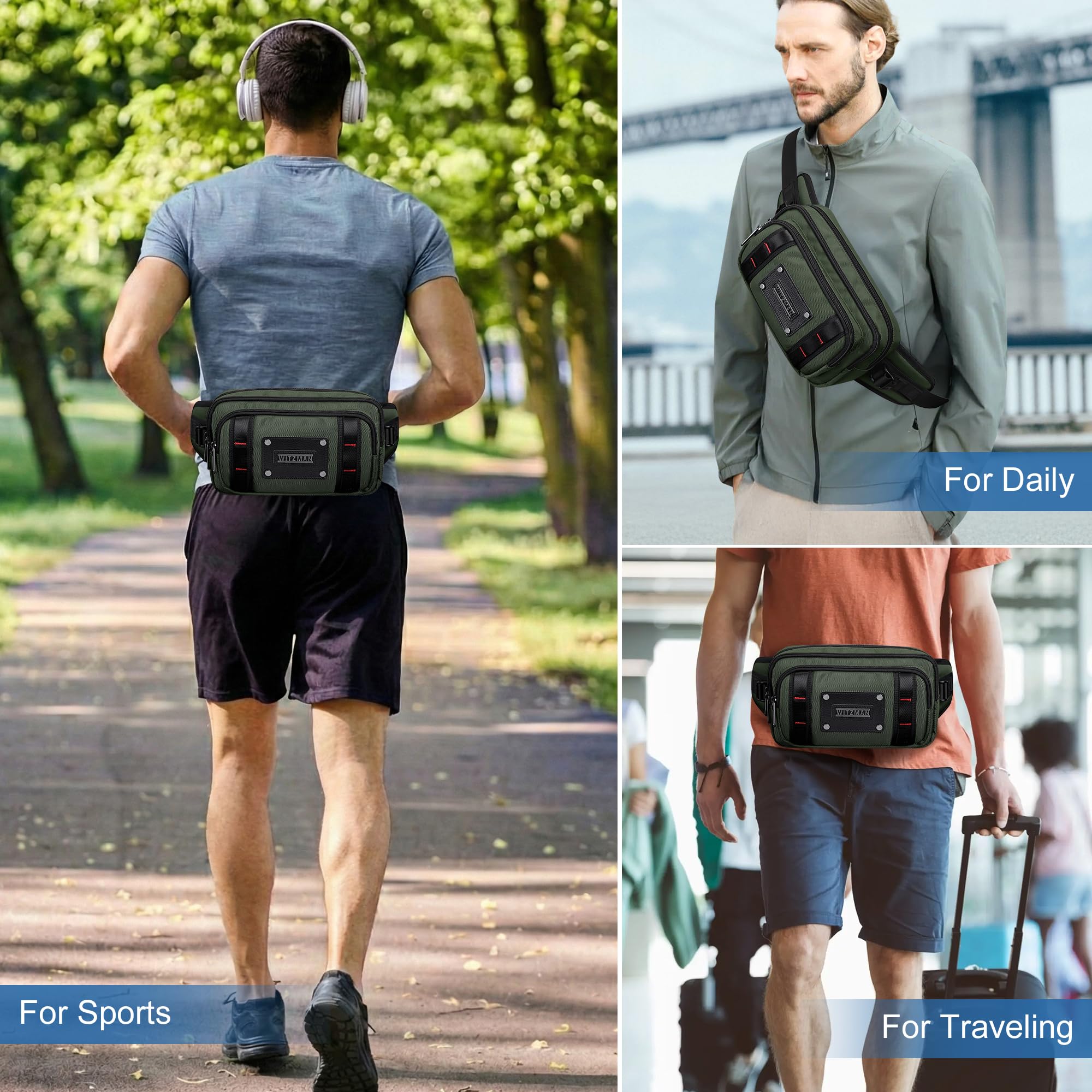 Witzman Sac Banane pour Homme, Sac Ceinture Décontracté Résistant À L’Eau | Sacoche 4L, Poche Anti-Vol Arrière, Compatible Grand Téléphone, Parfait Pour Voyage, Randonnée, Course , Vert