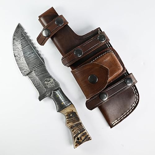 LOWIN - Cuchillo de caza hecho a mano de acero de damasco con mango G10, diseño de transporte de explorador, funda de cuero de búfalo y piedra de