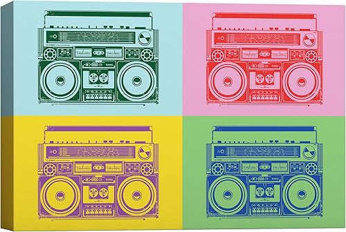 SIGNWIN Lienzo decorativo para pared, reproductor de cintas de casete retro Boombox en naranja, rosa, verde y azul, ilustraciones sonoras, arte pop
