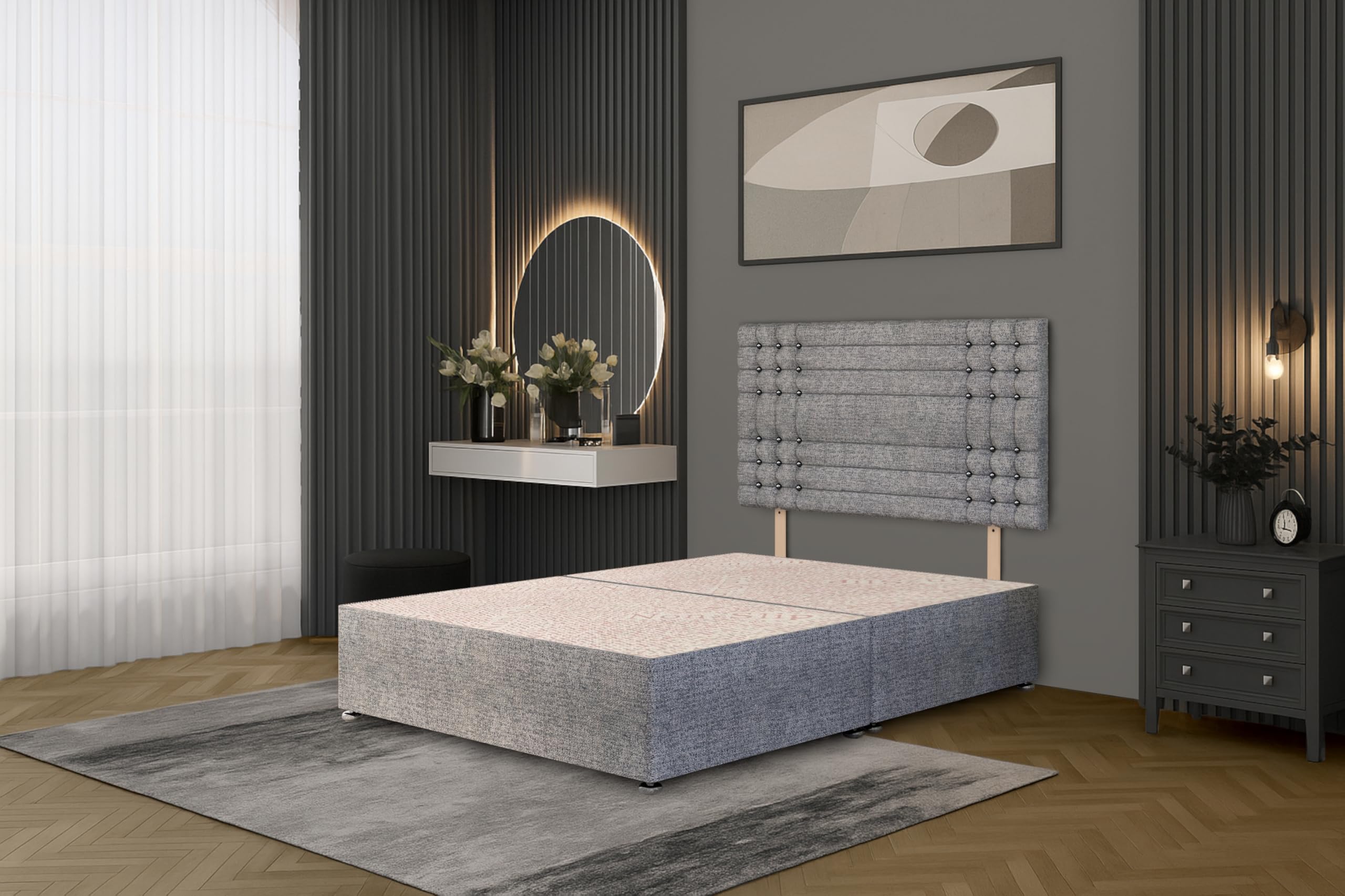 Bed Centre Tweed Gray Flexby Divan Bed Base - Headboard And Storage Drawer (Single, Small Double, Double, King and Super King Size (Double, Divan Base With Headboard No Drawer)