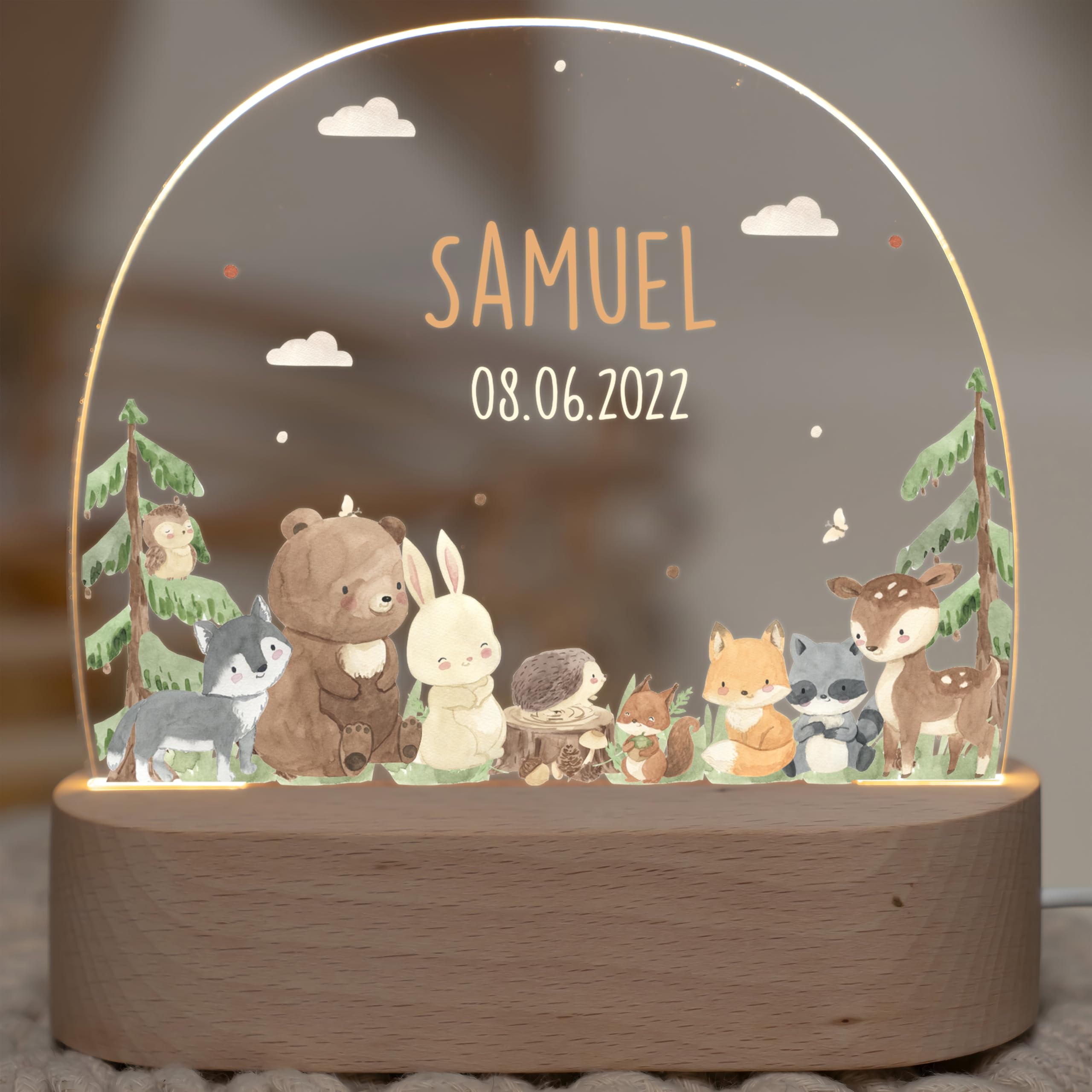 Kidsmood - Individualisiertes Nachtlicht für Babys - Dimmbare LED Nachtlampe für Kinder-Zimmer - Nachttischlampe als personalisierte Geschenke Kinder, Baby-Geschenk zur Geburt [Bär, Hase & Waltdiere]