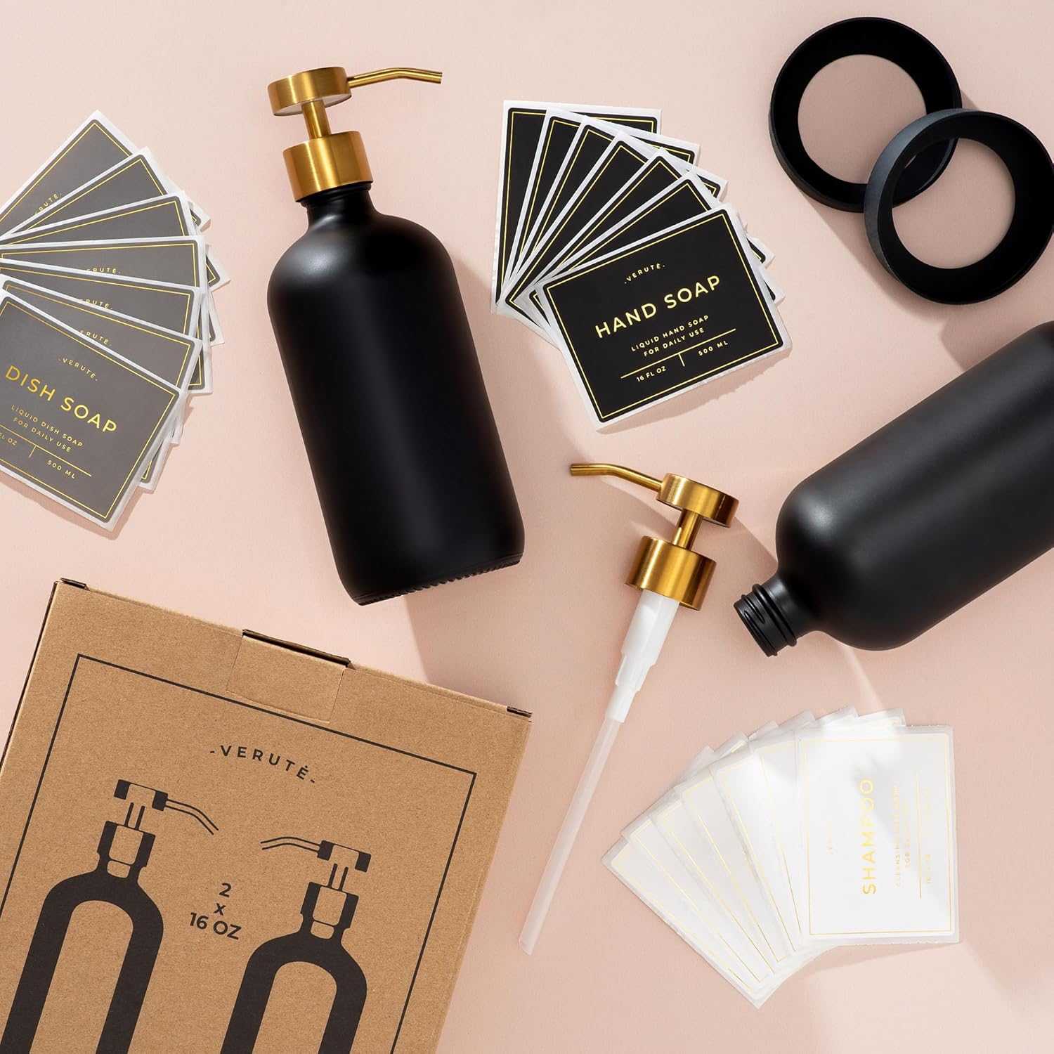 Hand and Dish Soap Dispenser for Kitchen and Bathroom, Set of 2 16 Oz Glass Bottles, Stainless Steel Pumps, Non-Slip Silicone Base, 27 Waterproof Labels (Matte Black Bottle/Brushed Gold Pump) - Image 8