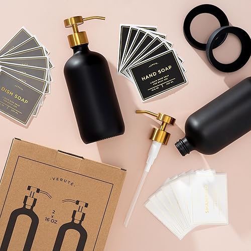 Miniatura 8 de Dispensador de jabón de manos y platos para fregadero de cocina y baño, juego de 2 botellas de vidrio de 16 onzas, bombas de acero inoxidable, base