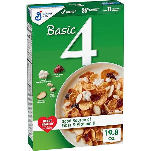 Basic 4 Heart Healthy Cereal, Fruit & Nut Fiber Cereal, 19.8 oz | Vanilla Clusters, Multigrain Flakes, Almonds & Fruit Mix, 26g Whole Grain per Serving, 5g Fiber, Good Source of Vitamin D