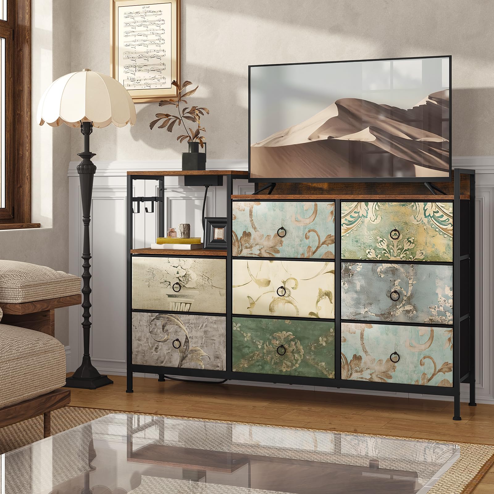 WOLTU Cassettiera a 8 Cassetti in Tessuto, Cassettiera per Camera da Letto, con Sezione di Ricarica e Ganci, Piani Legno e Struttura in Metallo, Marrone Rustico+Nero