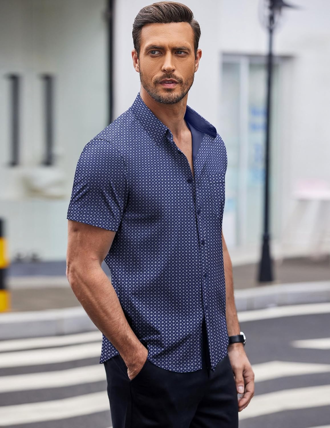 COOFANDY Mens Short Sleeve Button Down Shirts Wrinkle Free Dress Shirts Casual Polka Dot Print Shirt with Pocket - Image 3