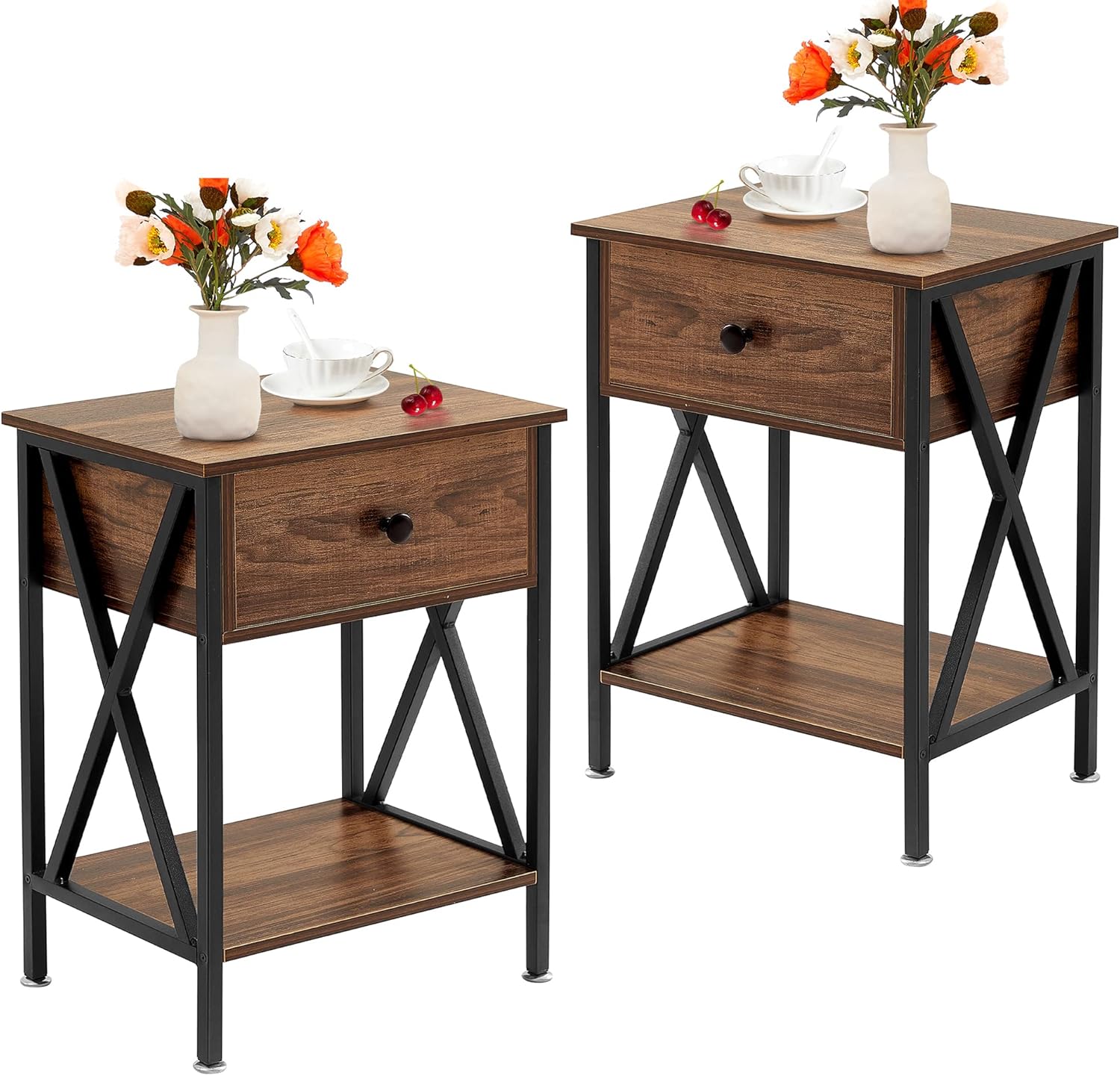 VECELO Nightstands Set of 2, Modern Side End Tables with Drawer and Storage Shelf for Living Room Bedroom, Industrial Wood & Metal Frame, Night Stands, Brown : Everything Else