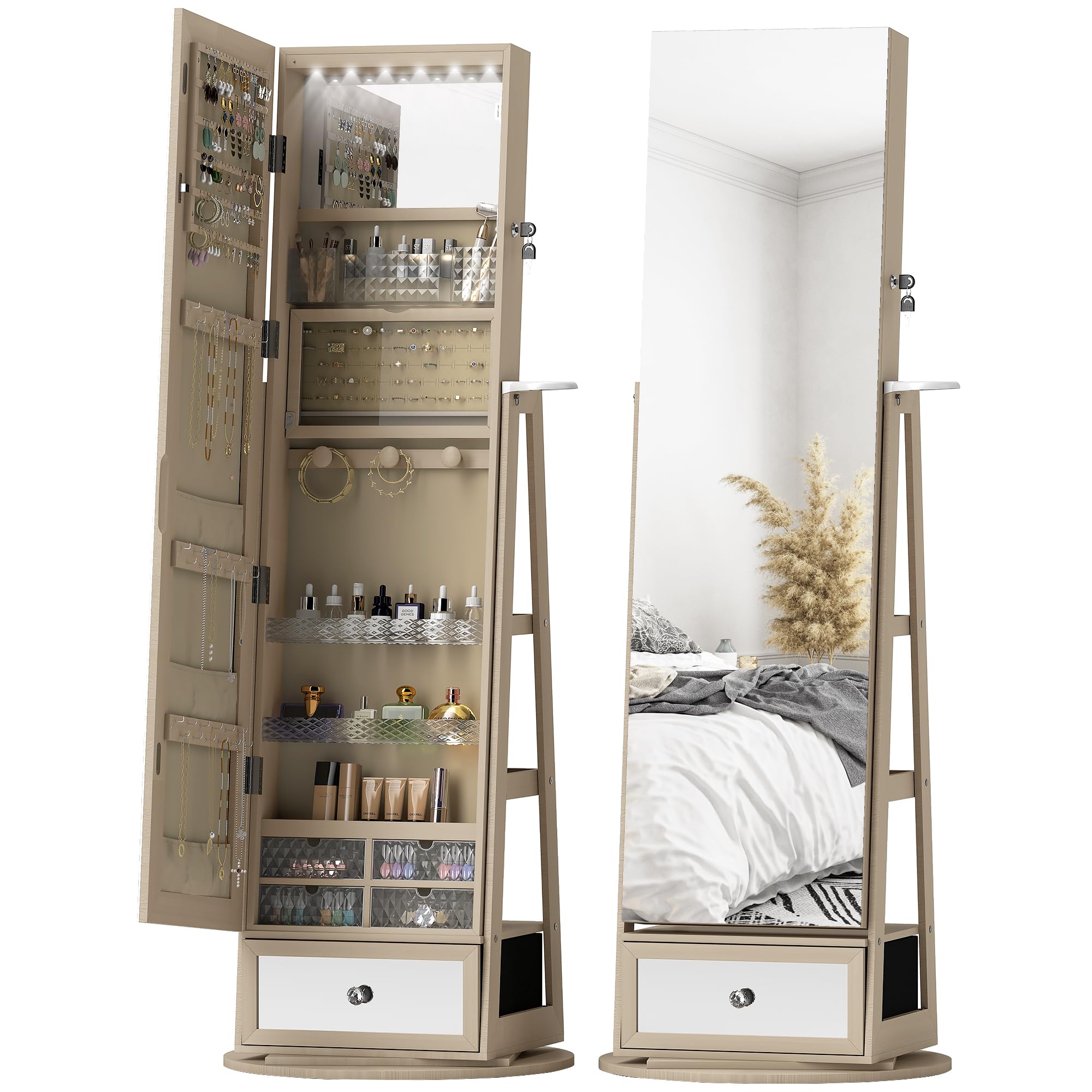 HOMCOM Miroir à bijoux avec éclairage LED, armoire à bijoux, armoire à bijoux avec miroir intégral, pivotant à 360°, tiroir, serrure, étagères ouvertes, support pour sèche-cheveux, naturel