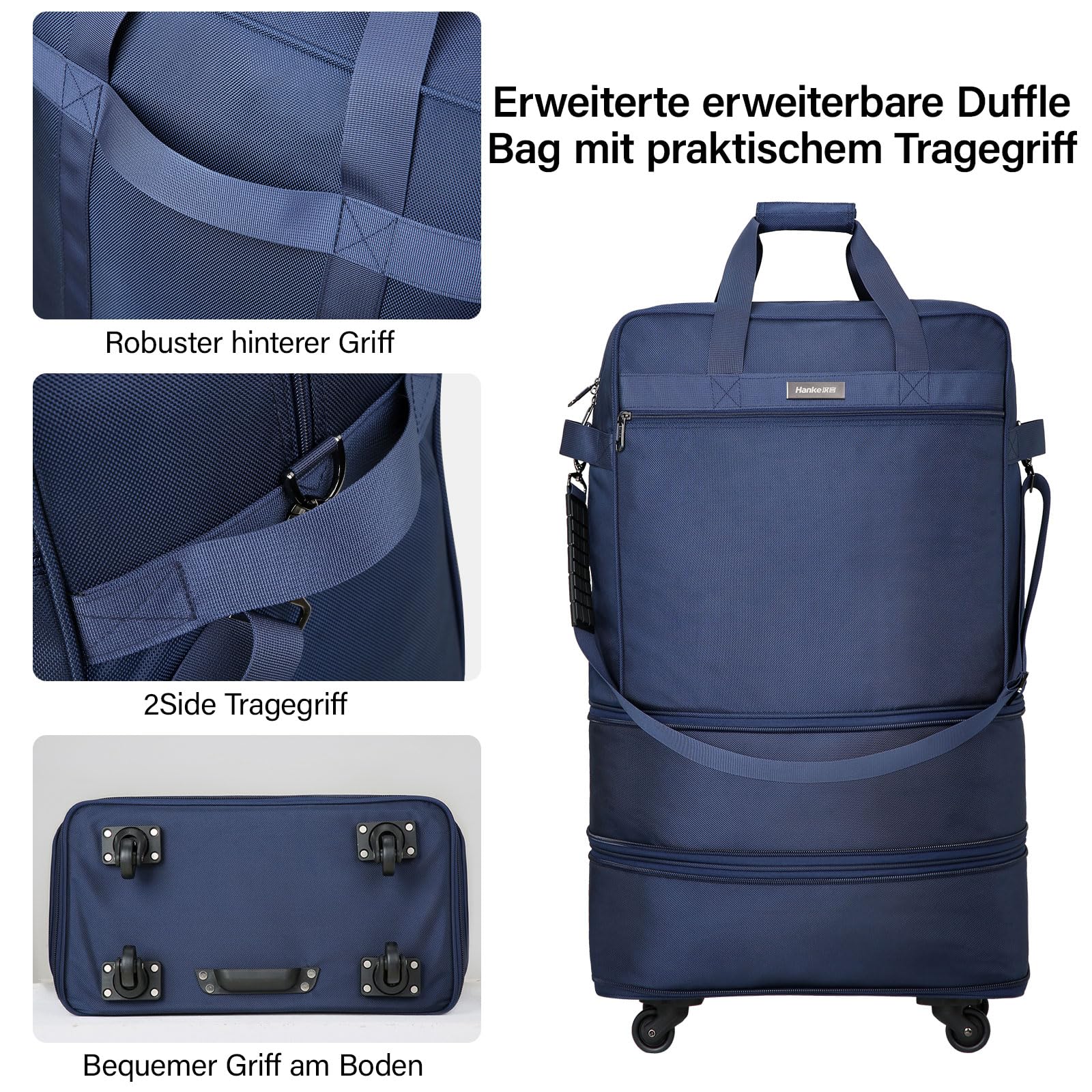 Hanke Faltbarer Reiseduffel mit Rollen Leichter Expandierbarer Reisekoffer im Platzsparenden Ohne Ausfahrbare Griffstange, Blau