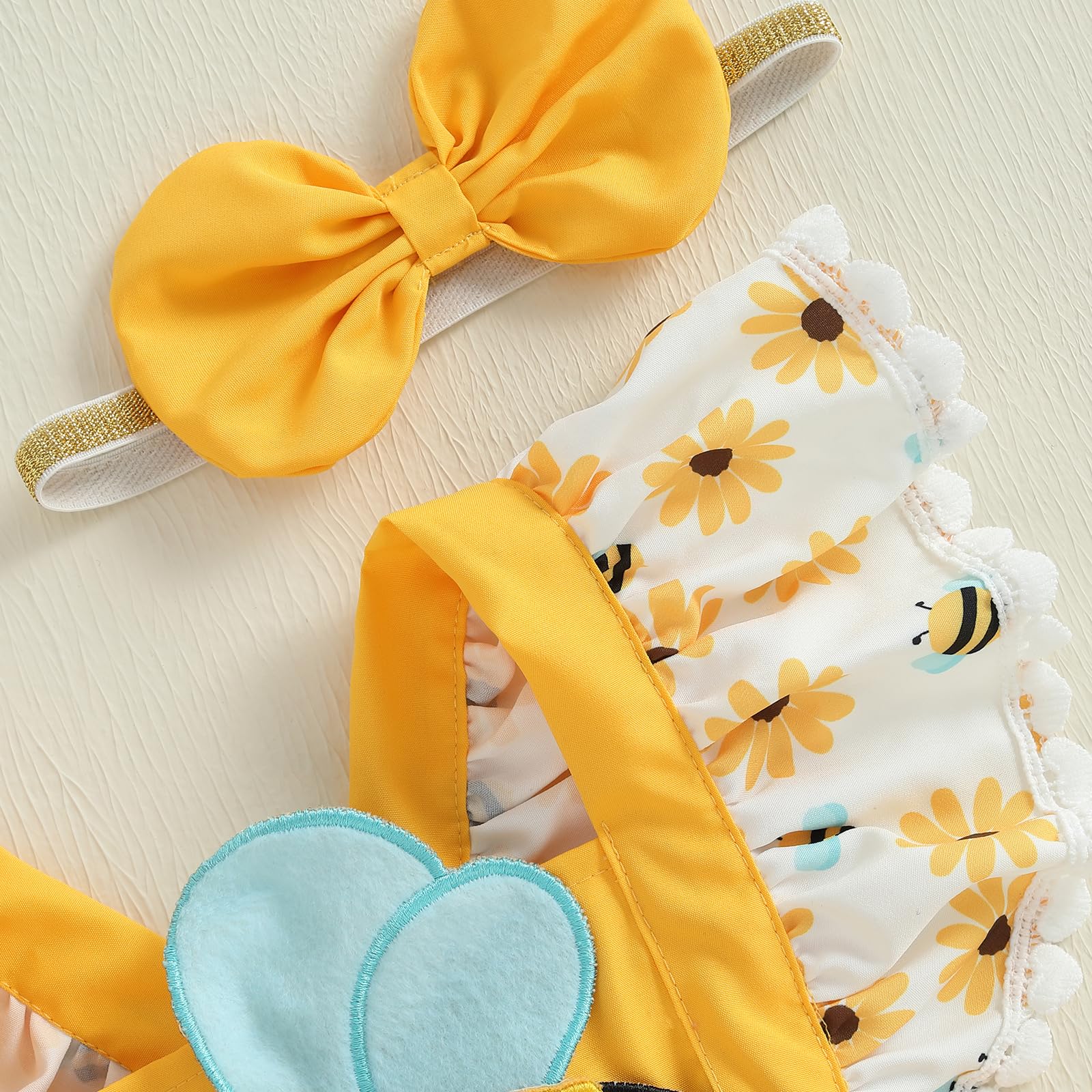 Baby Girl Clothes Newborn Onesie Ruffle Romper Dress Ruffled Sleeve Animals Bodysuit Jumpsuit Summer Outfit (Yellow bee, 12-18 Months)