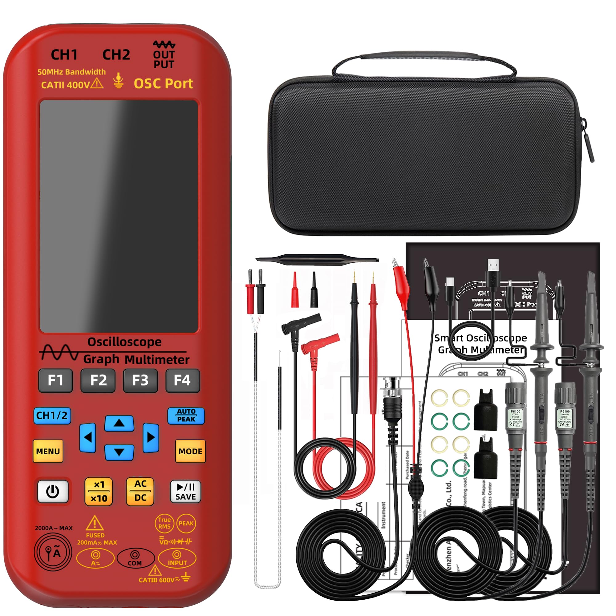 BSIDE O9 Oscilloscopio Digitale Portatile 2 Canali 50MHz 250MSa/s 5000mAh Multimetro TRMS 20000 Conteggi 3.98" Grande Display Generatore di Segnali 7 Forma d'Onda Tester Multifunzione Corrente 2000A
