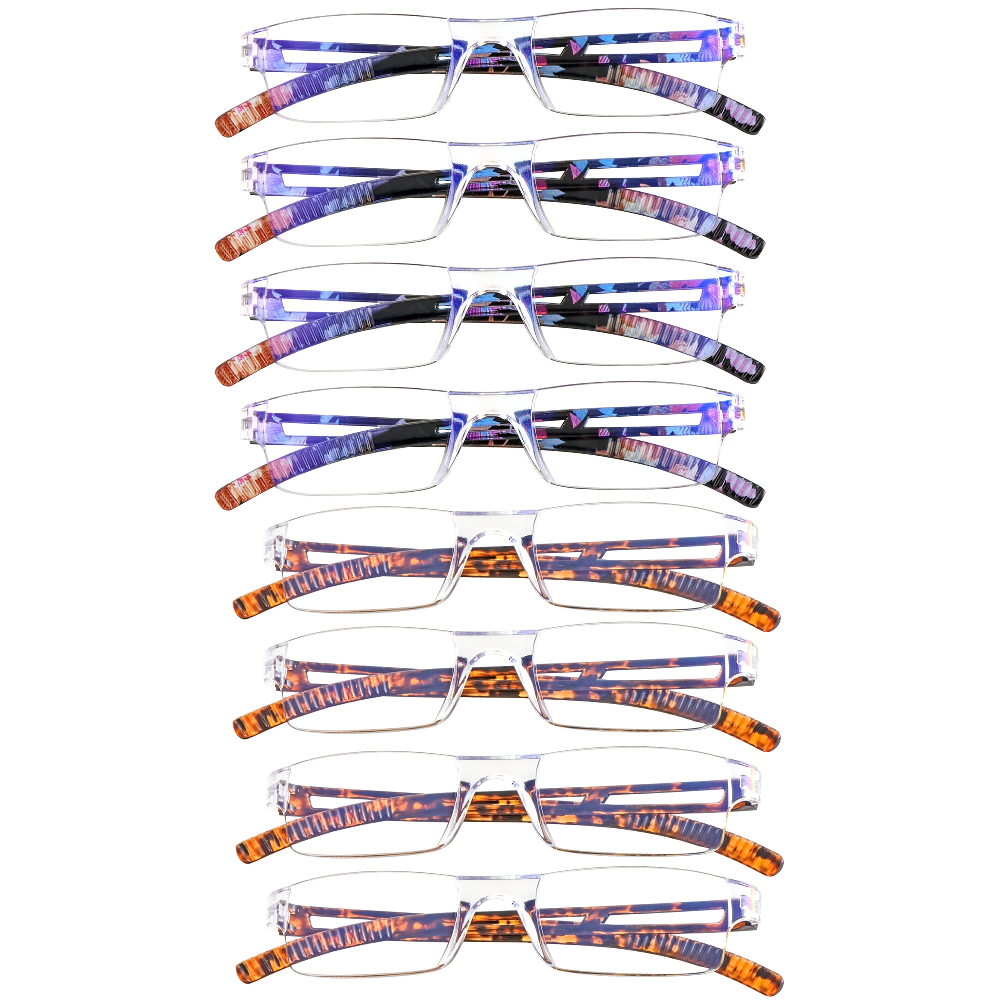 VisionGlobal 8 Pairs Reading Glasses, Blue Light Blocking Glasses, Computer Reading Glasses for Women and Men, Fashion Square Eyewear Frame (