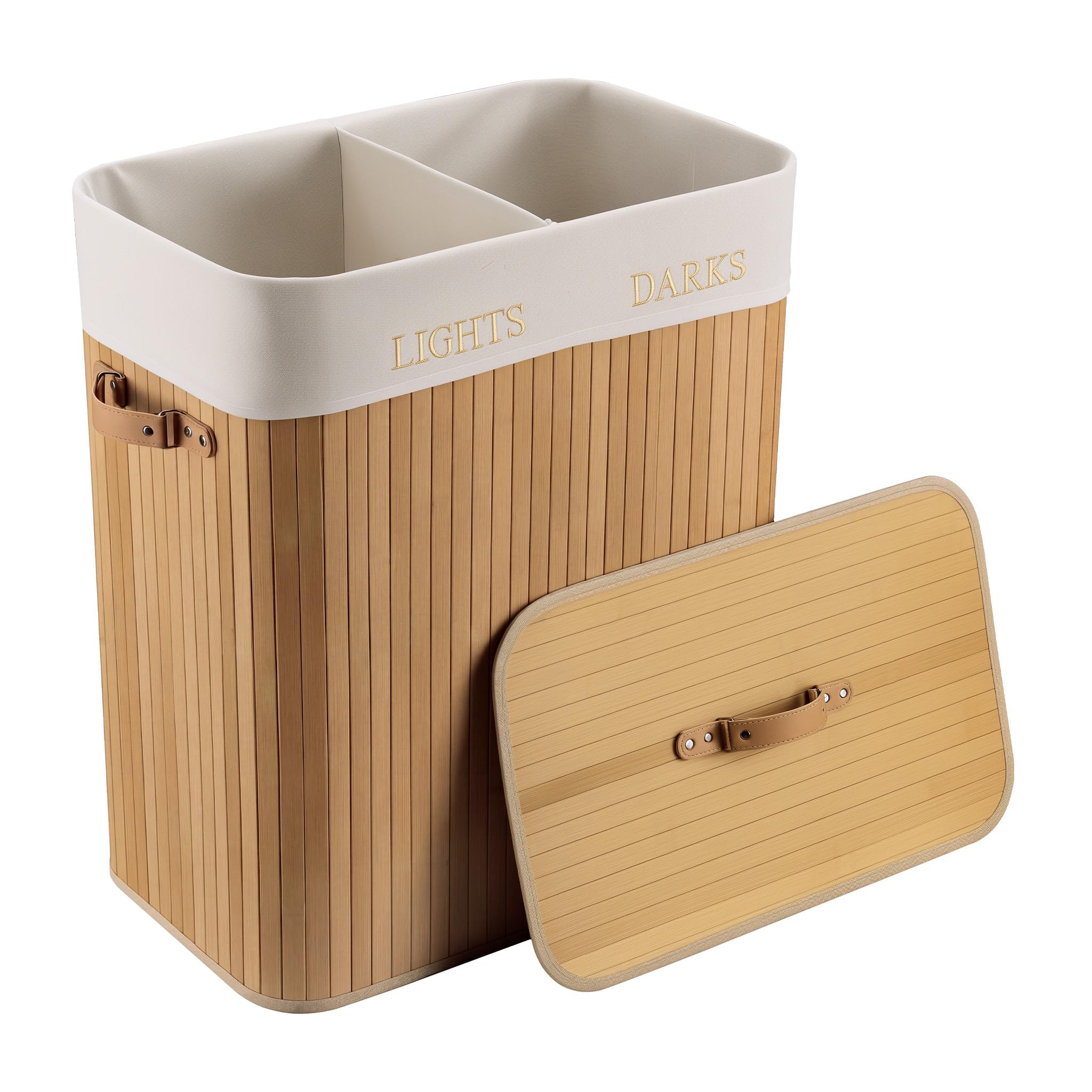 Bamboo Laundry Box 105L with Linen Bag and 2 Compartments Natural-Colored Foldable