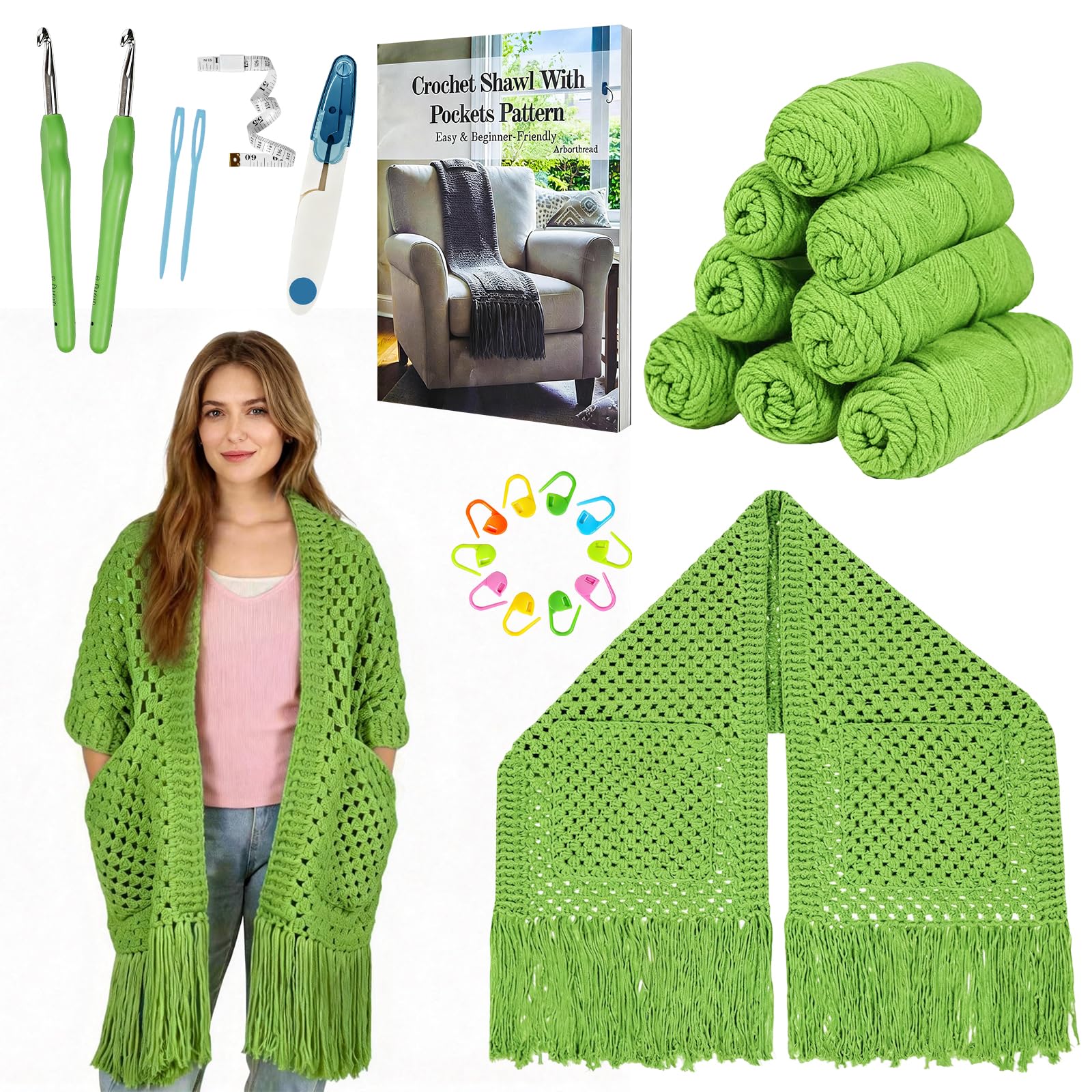 Arborthread Crochet Kit, Easy All-Season Pocket Shawl Crochet Kit for Beginners w/Ample Soft Yarn to Fit Versatile Bodies, Step-by-Step Video & Instructions for Adults & Kids, Green