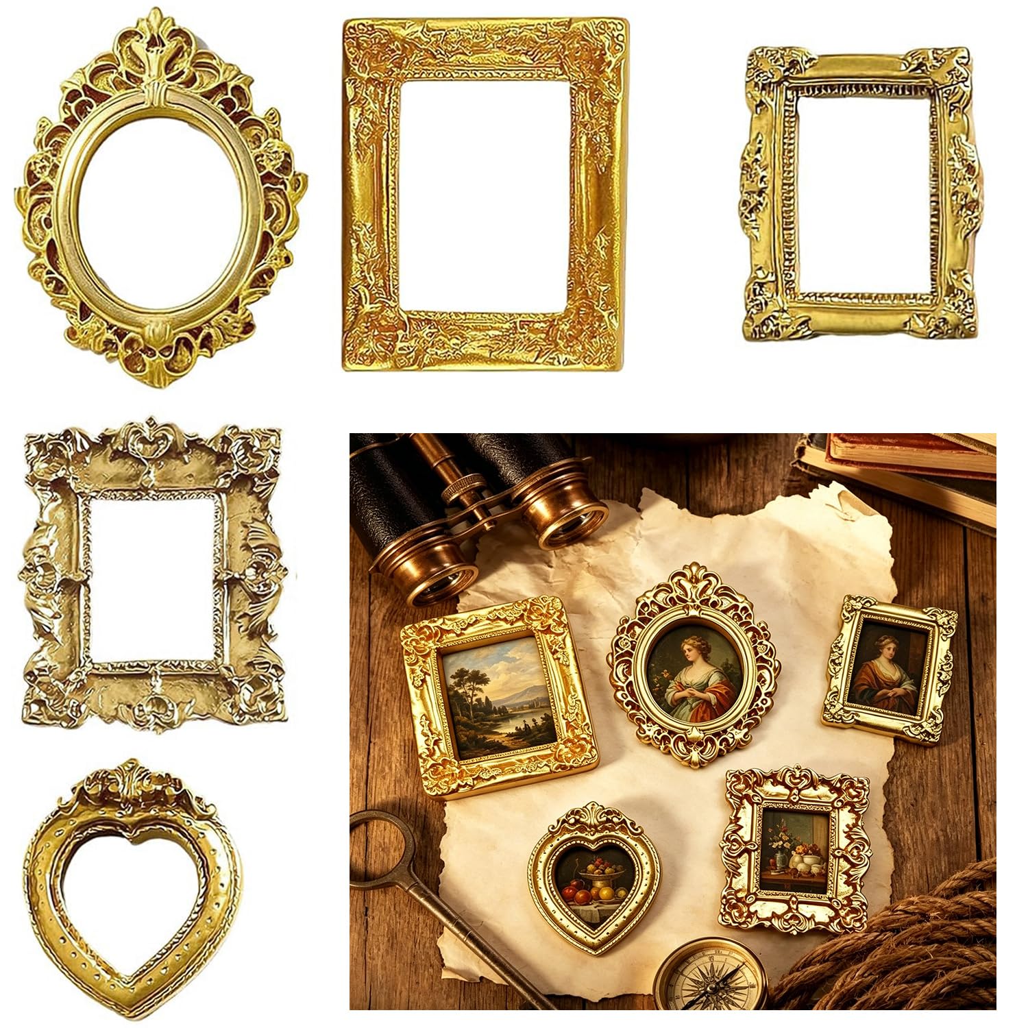 RHQFDM Mini Vintage Gold Picture Frames 10 Pack, Baroque Antique Resin Photo Frame Set, Small Ornate Frames for DIY Crafts, Wall Hanging Decor, Jewelry Display, Photography Props & Wedding Favors