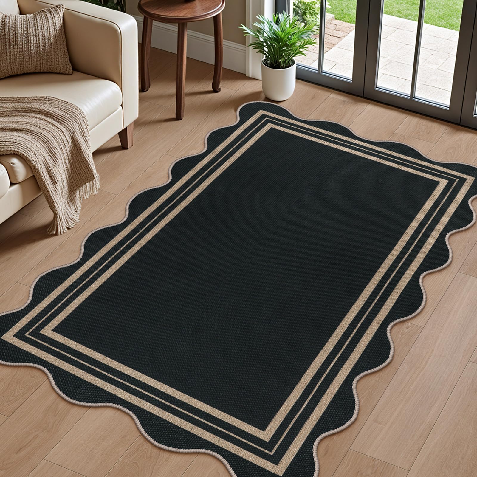 Easy Jute 3x5 Outdoor Patio Rug Washable Rugs for Entryway Black Modern Indoor Kitchen Rugs Farmhouse Neutral Non